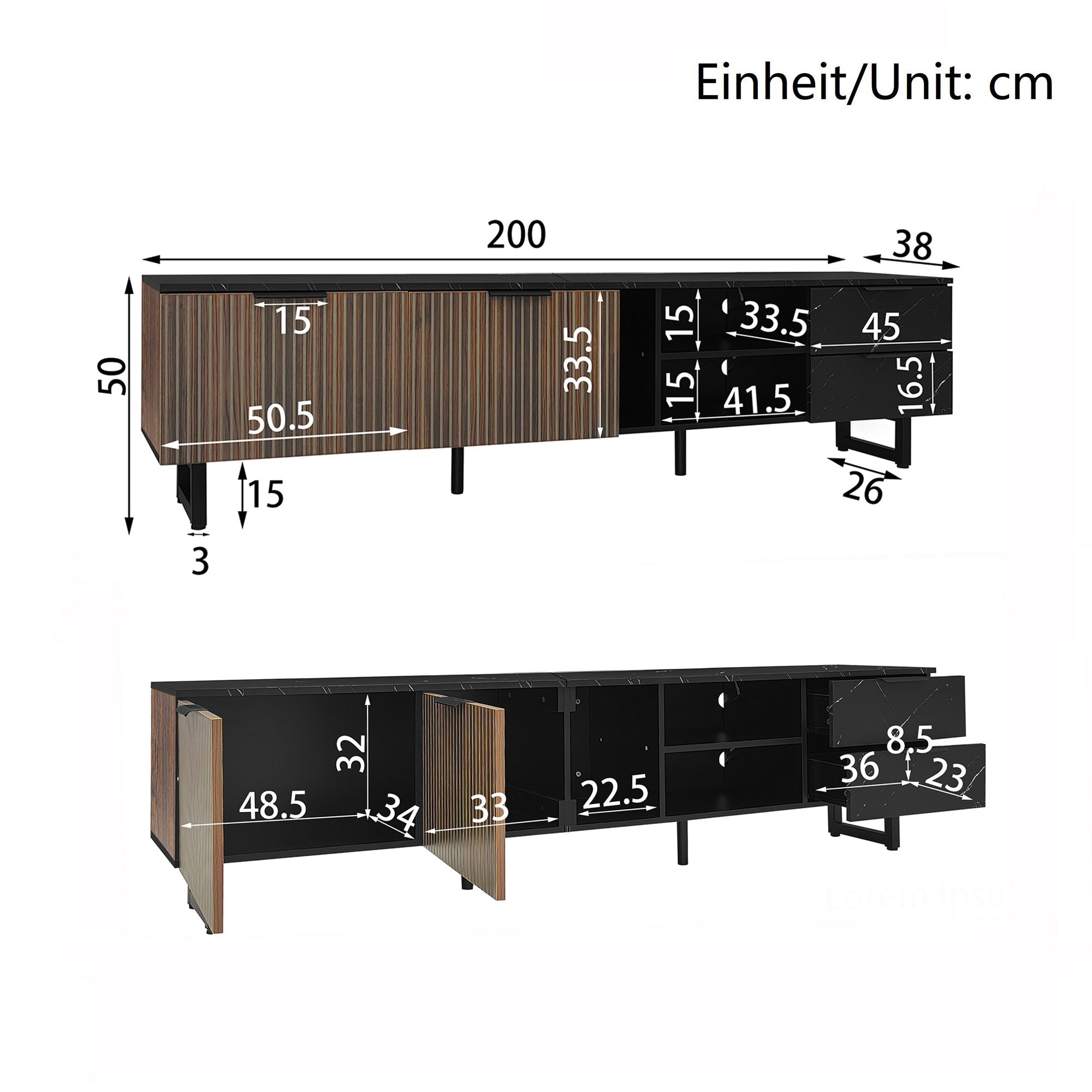 200cm TV Cabinet, Adjustable LED Lighting, Two Doors/Drawers, Black Marble Look/Dark Wood Grain