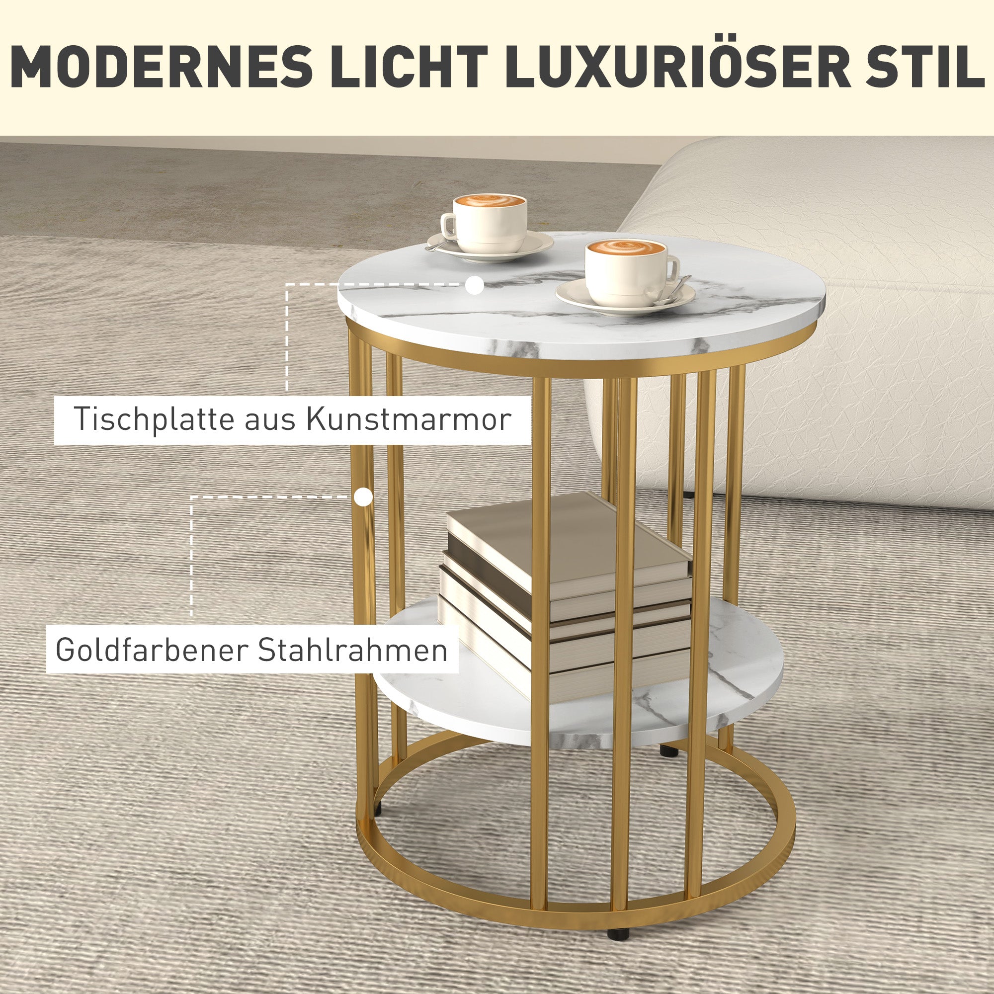Round coffee table set of 2, side table with shelf, steel frame, white