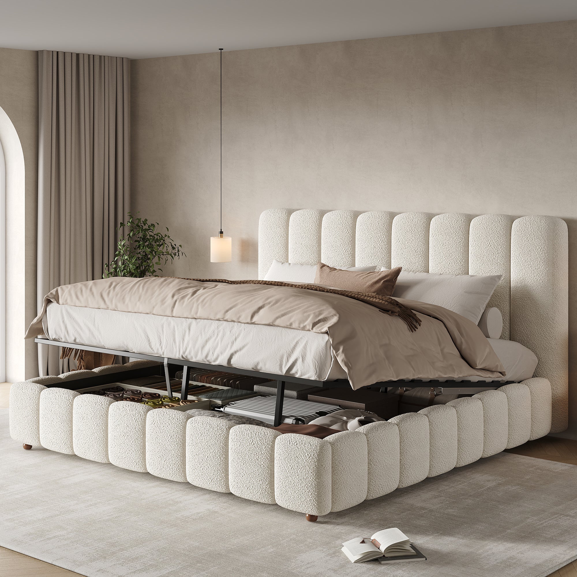 Upholstered Double Bed 180x200cm Hydraulic Storage Bed with Slatted Frame White Bouclé