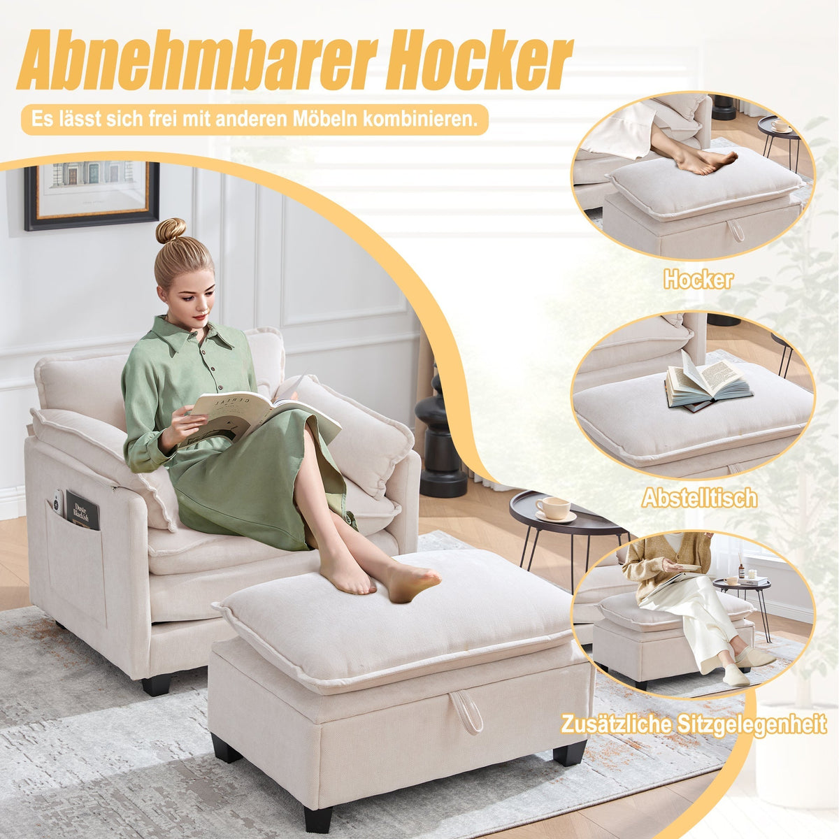 Modern Oversized Armchair with Footrest Stool & Side Pockets, Velvet