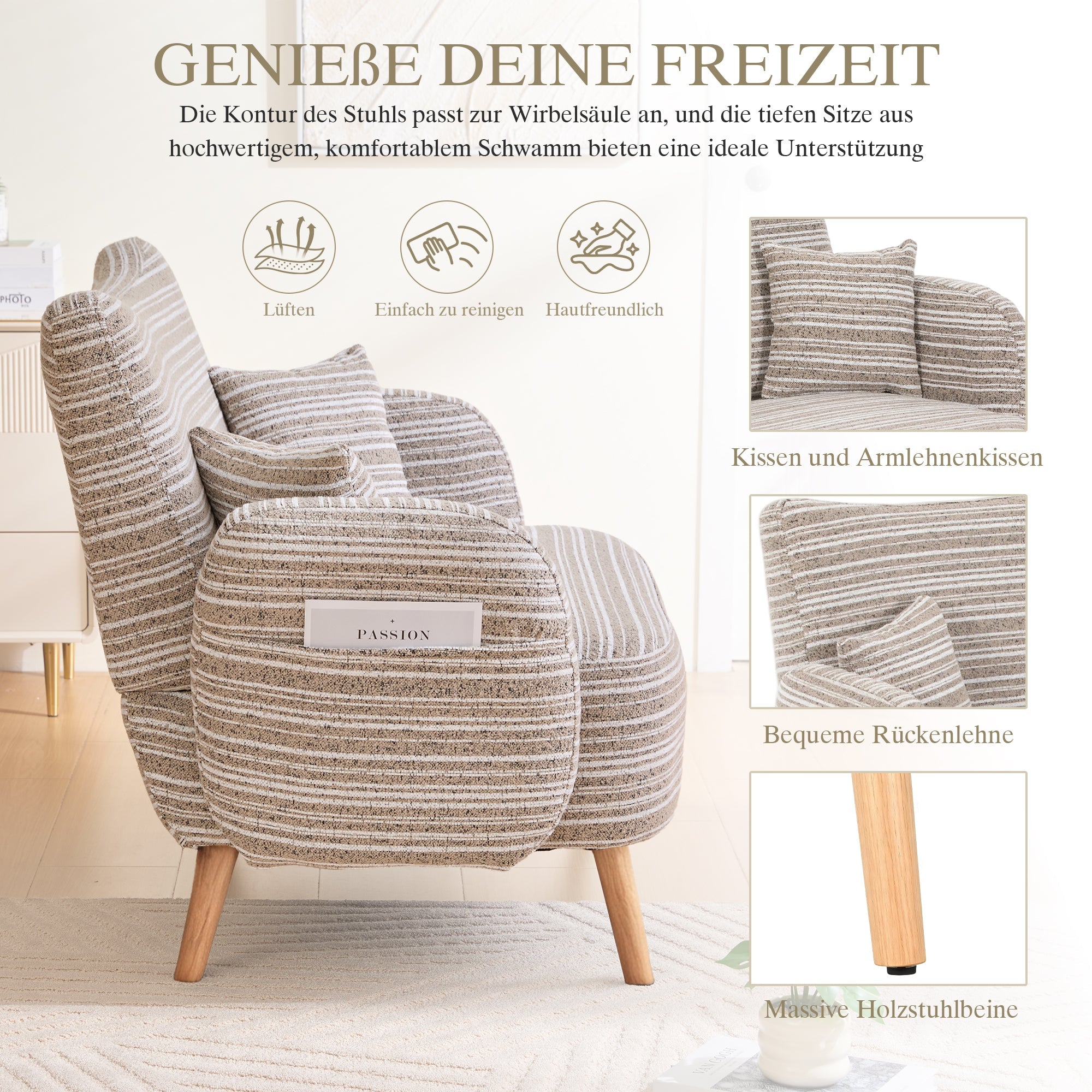 Modern Two-Seater Sofa with Armrest Cushions and Storage Bag, Loop Fabric