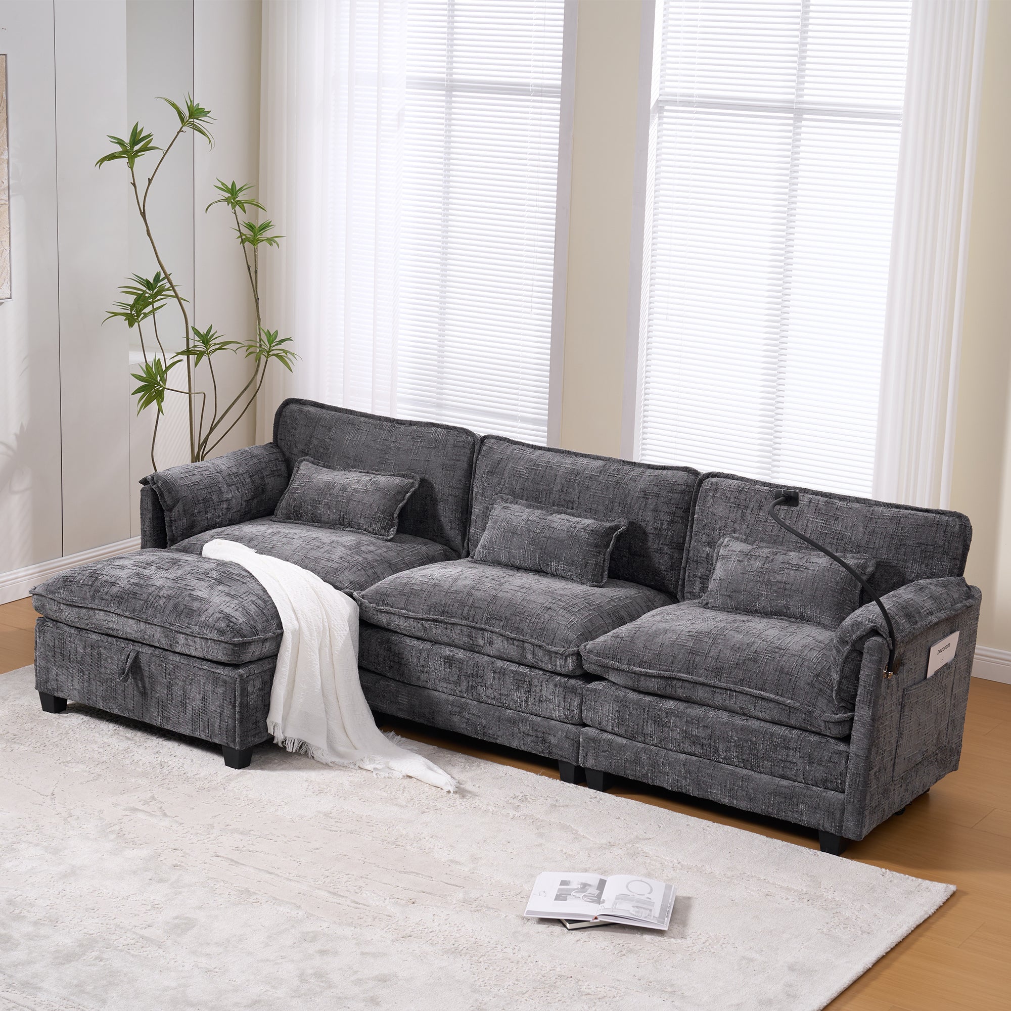 Modern 2-Seater Sofa USB Port Storage Footstool Memory Foam - Chenille Grey