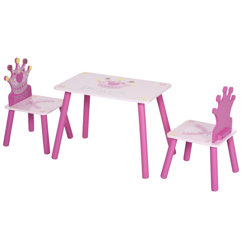 3 Pcs Kids Table and Chair Set Princess & Crown Theme for 2-4 Years Pink