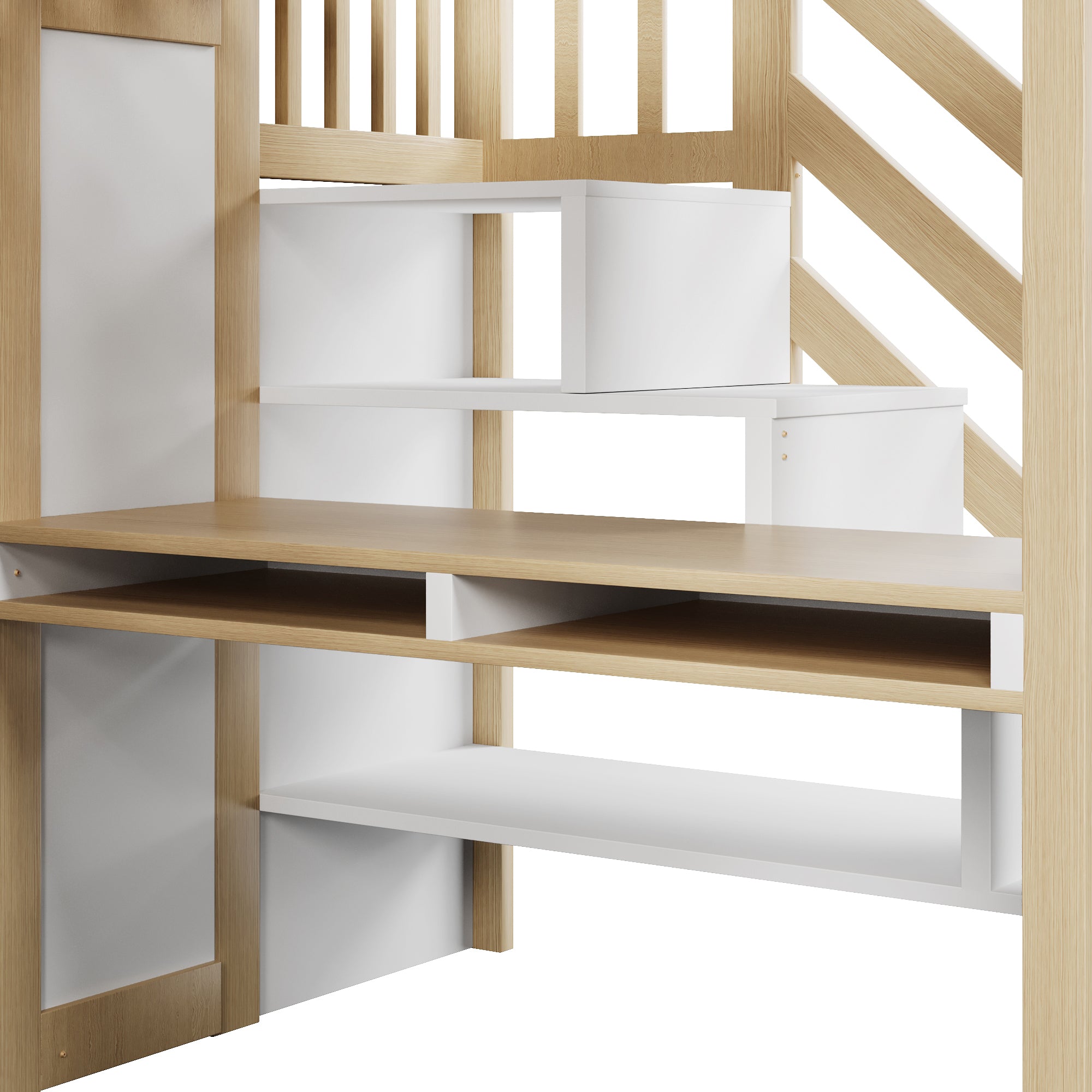 Loft Bed 90x200 with Desk, Wardrobe and LED Lighting, White and Natural