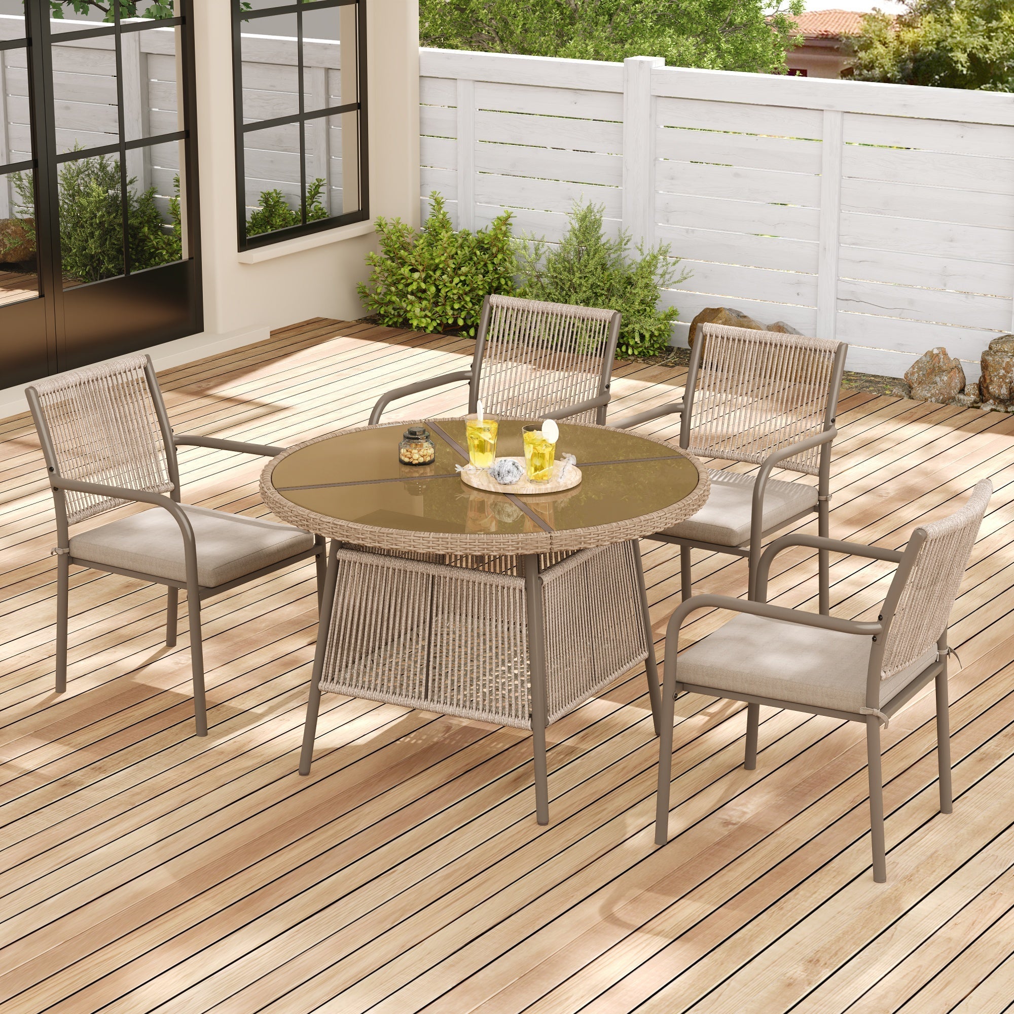 Rattan Garden Set Round Glass Table 4 Armchairs - Iron Frame