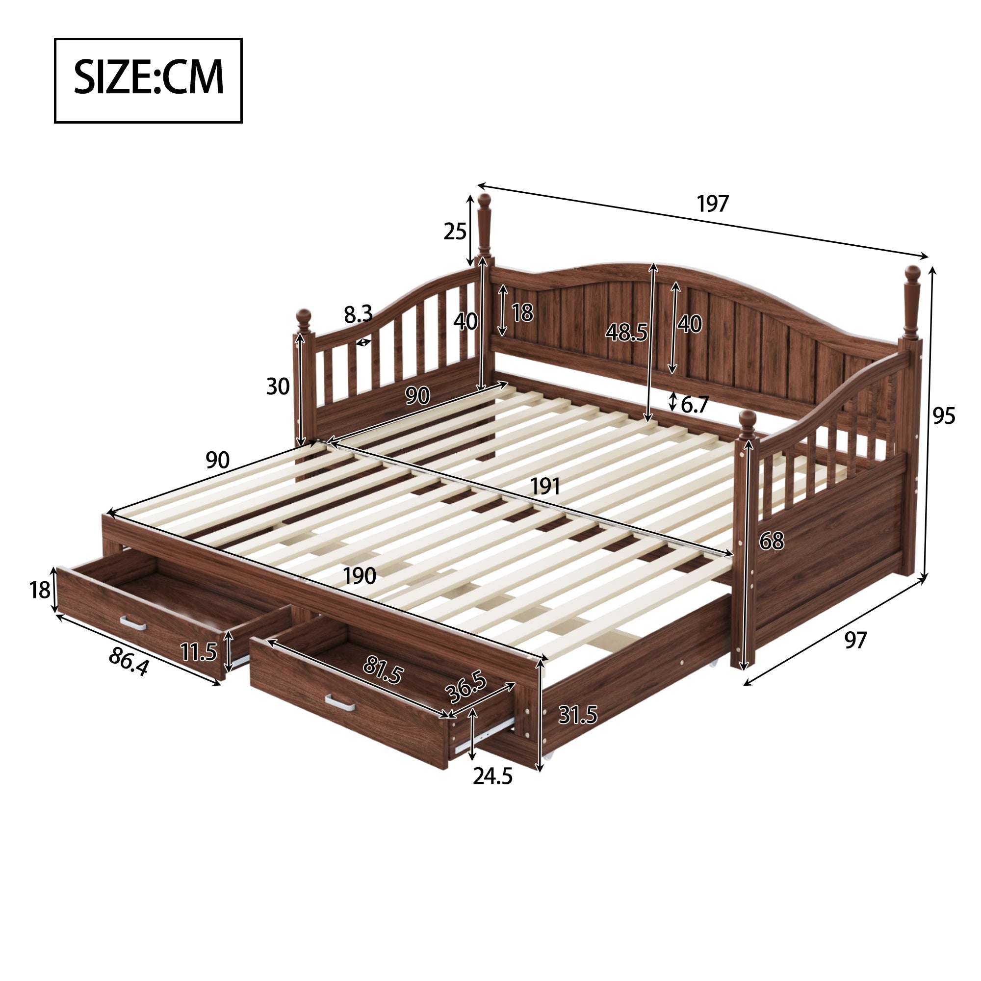 Sofa Bed, Pull-Out 90/180*190cm with Drawers & Slatted Frame, Solid Pinewood Walnut