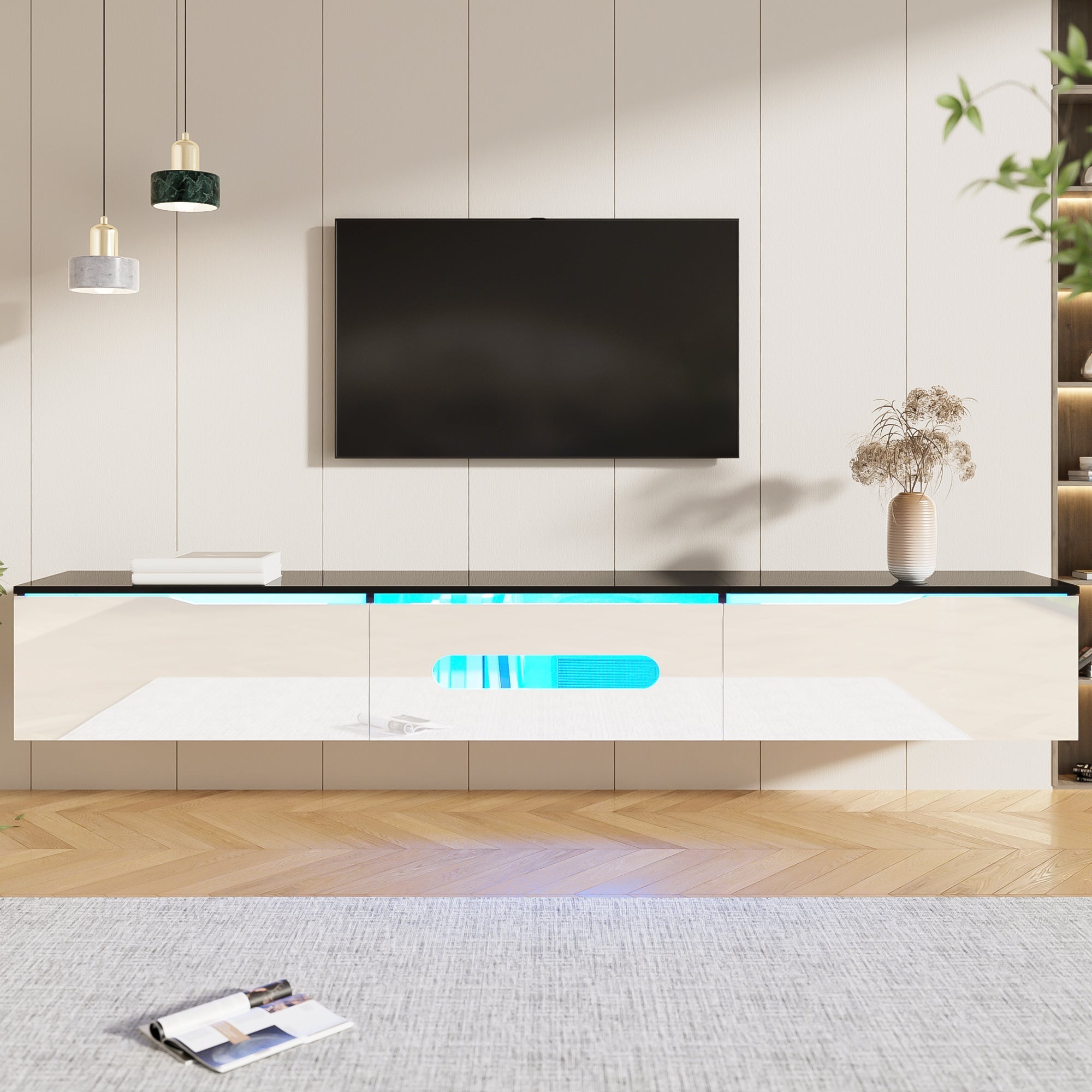 Black and White TV Cabinet, 180cm Long LED High-Gloss, Wall-Mountable