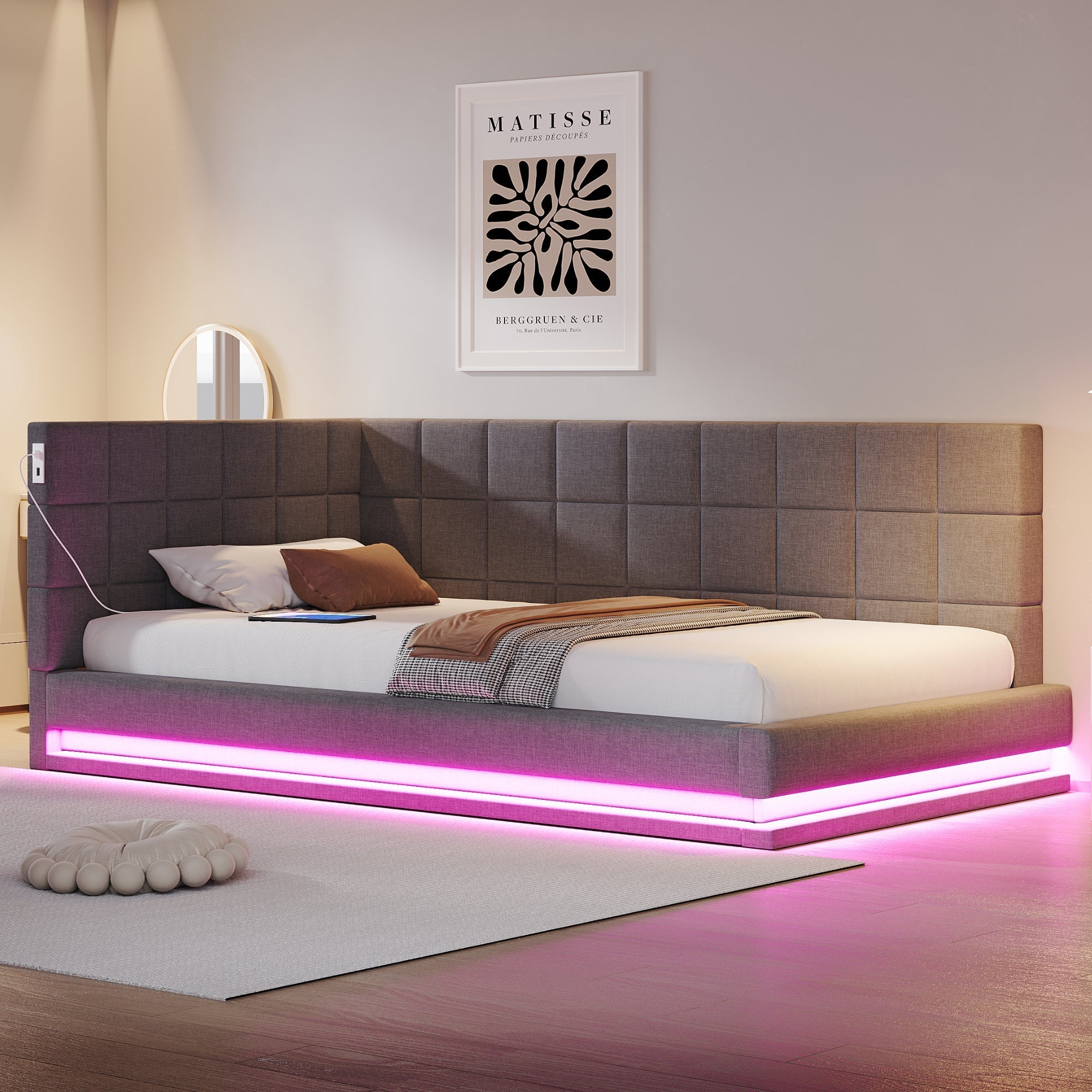 Upholstered Bed Sofa, 90x200 Multifunctional with LED & USB, Linen Fabric Grey