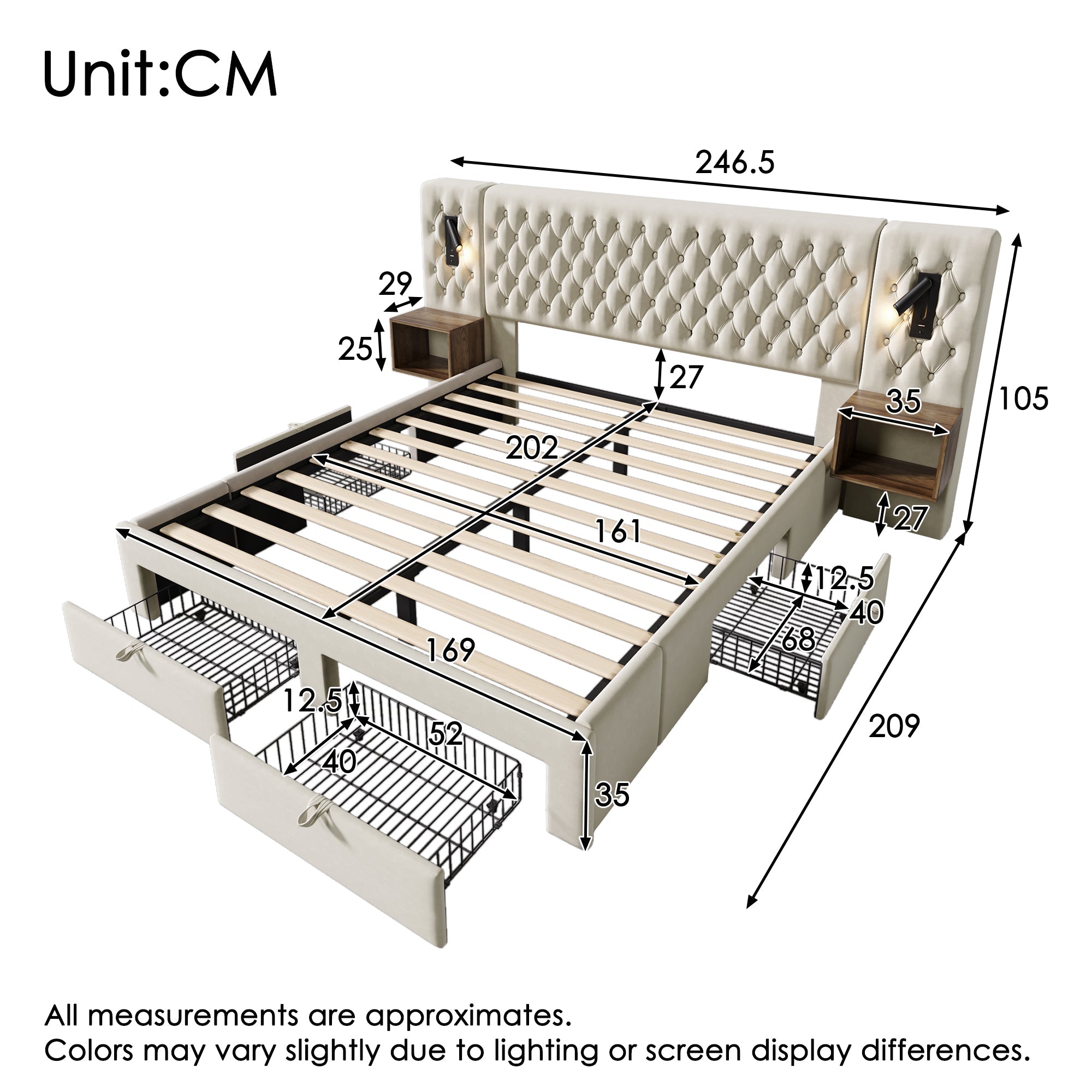 Bedroom Set, Upholstered Double Bed with 2 Nightstands & 4 Drawers, USB Reading Light, Beige Velvet