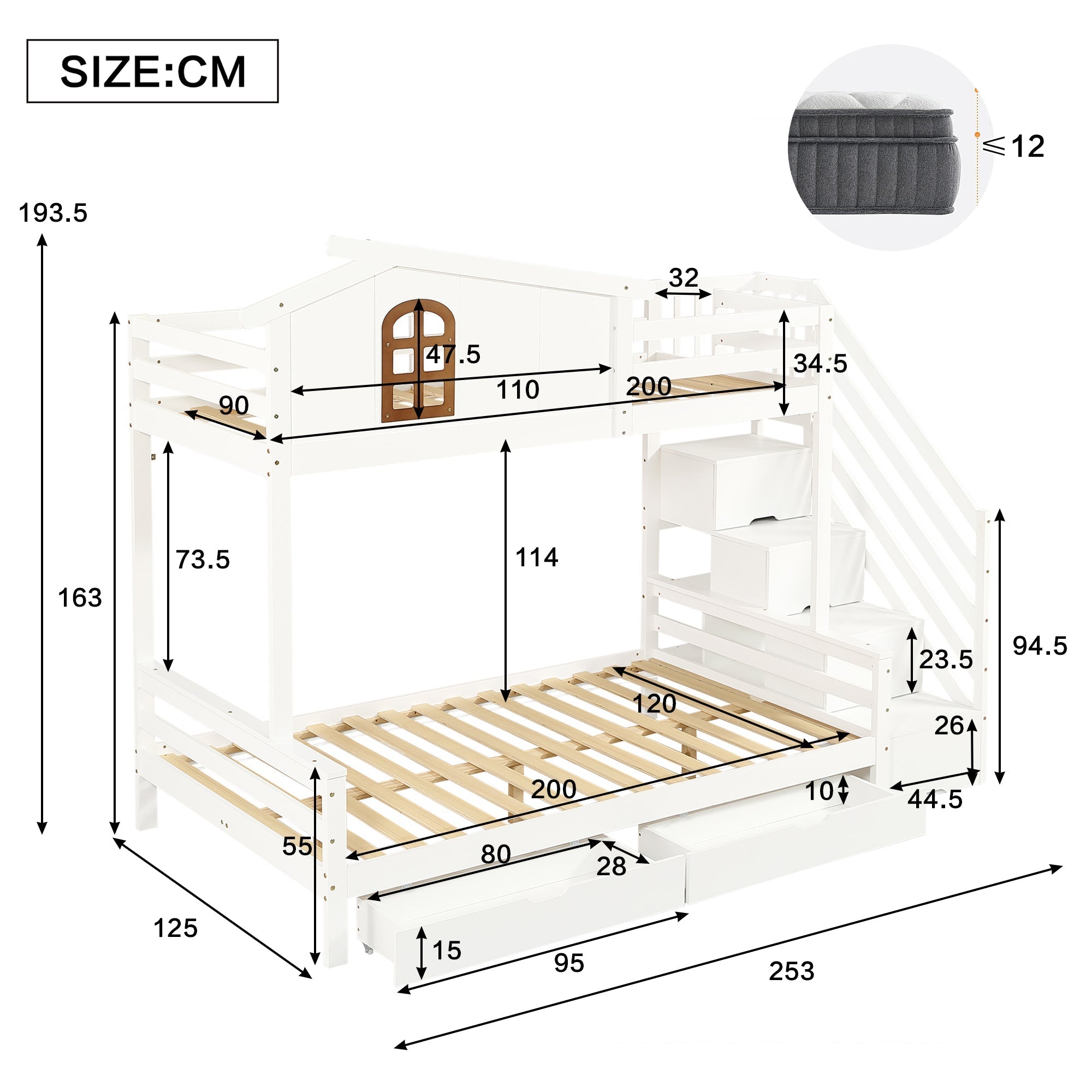 Bunk Bed, Two Drawers, Corner Ladder, Pine + MDF + Plywood, White + Natural