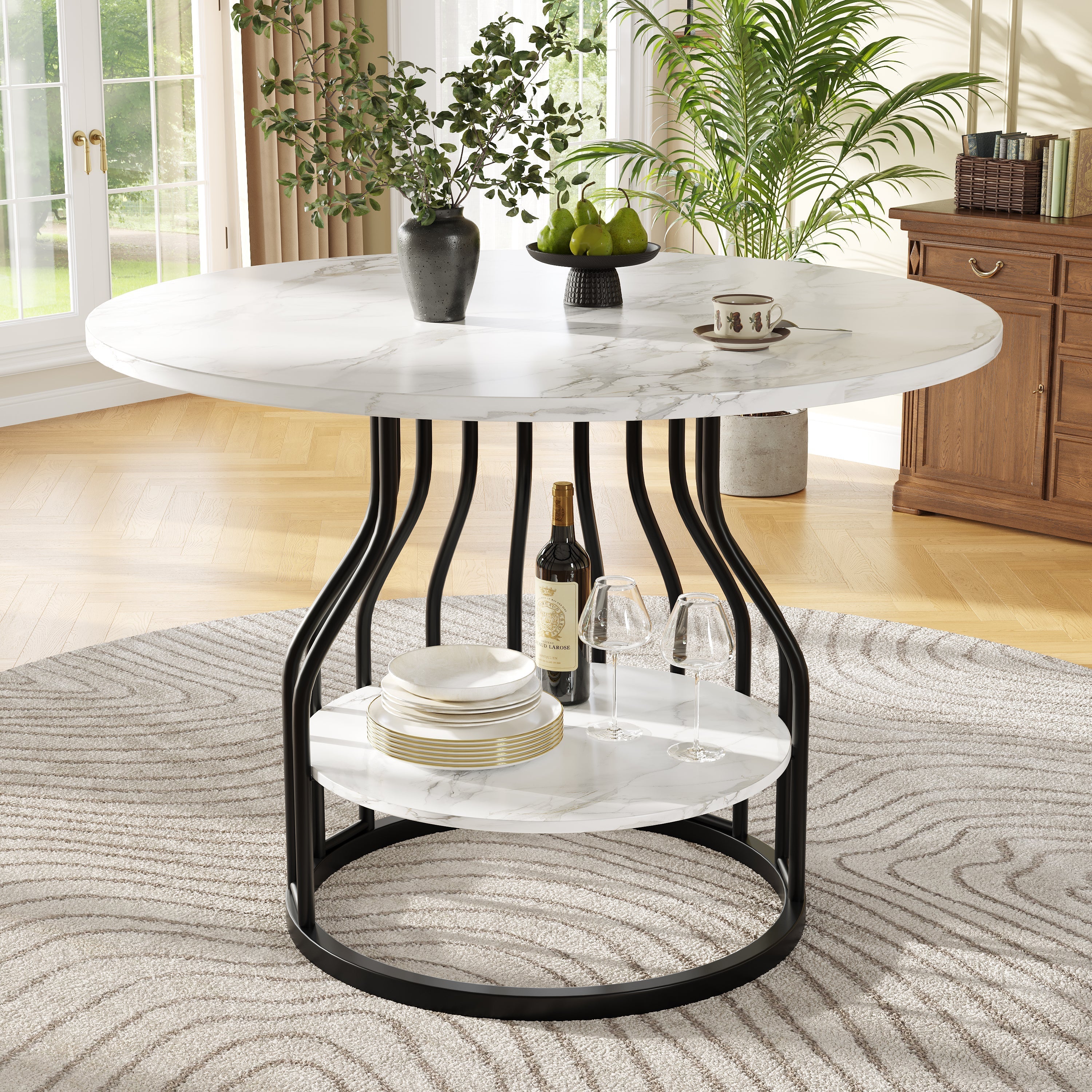 Round Dining Table 80x76cm 4-Seater Storage MDF Marble Top - Black