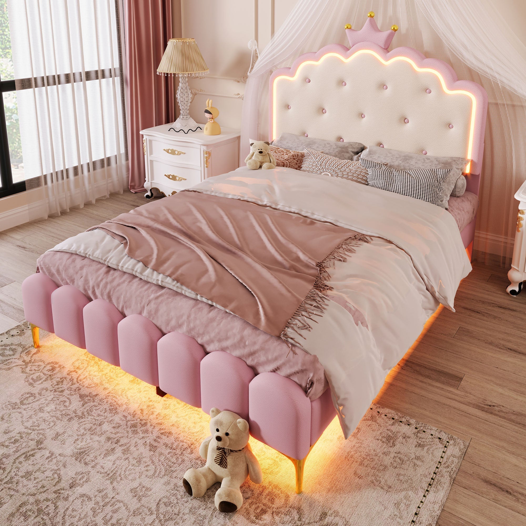 Upholstered Bed 140x200cm Princess Shape Ambient Light PU Pink