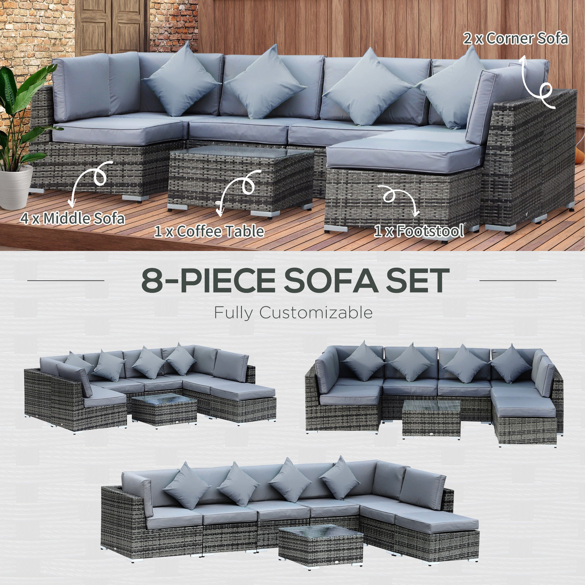 8 Pieces PE Rattan Corner Sofa Set Thick Cushions Glass Top Table, Aluminium Grey