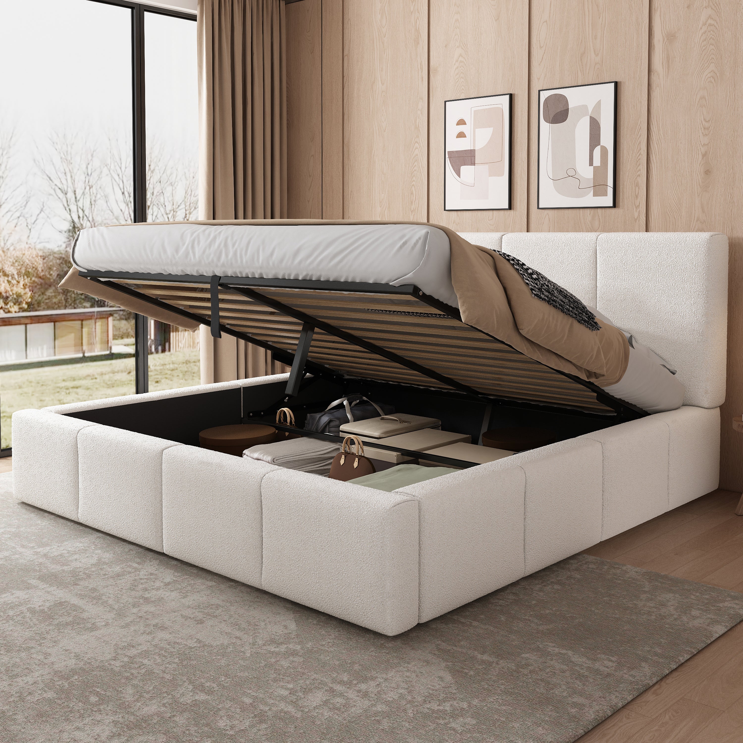 Upholstered Double Bed with Hydraulic Storage and Slatted Frame, 180x200cm, Beige Bouclé