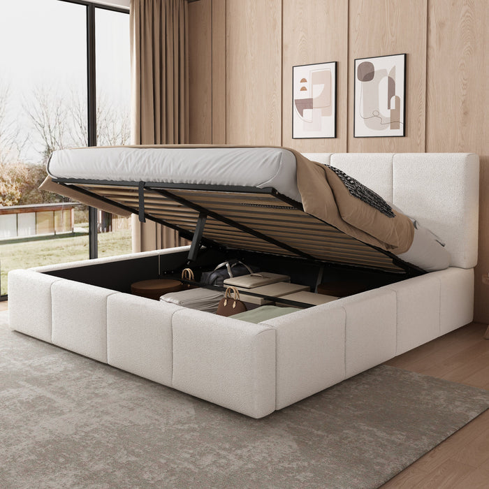 Upholstered Double Bed with Hydraulic Storage and Slatted Frame, 180x200cm, Beige Bouclé