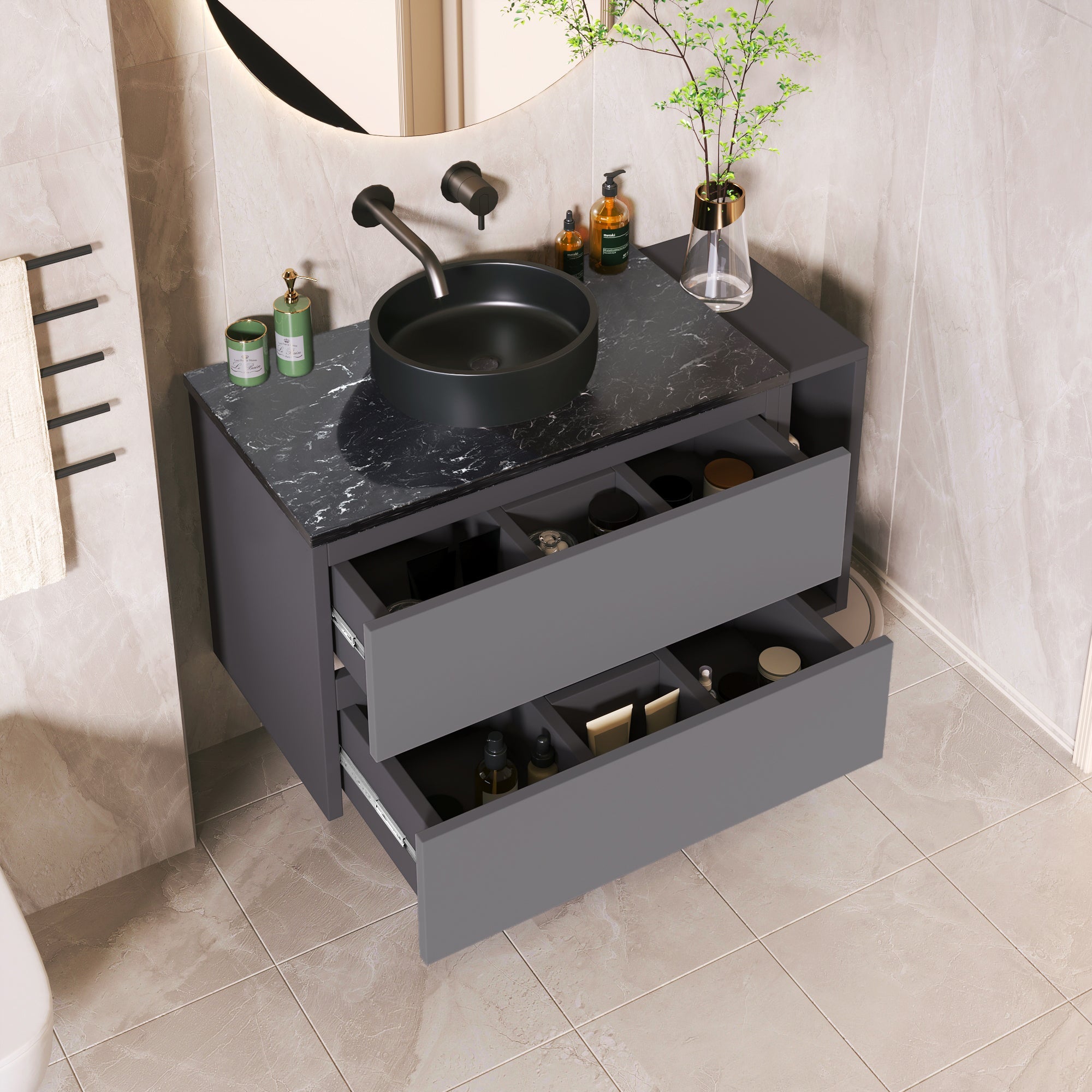 Wall-Mounted Vanity Unit 80cm Wide Ceramic Sink Drawers, Black/Grey