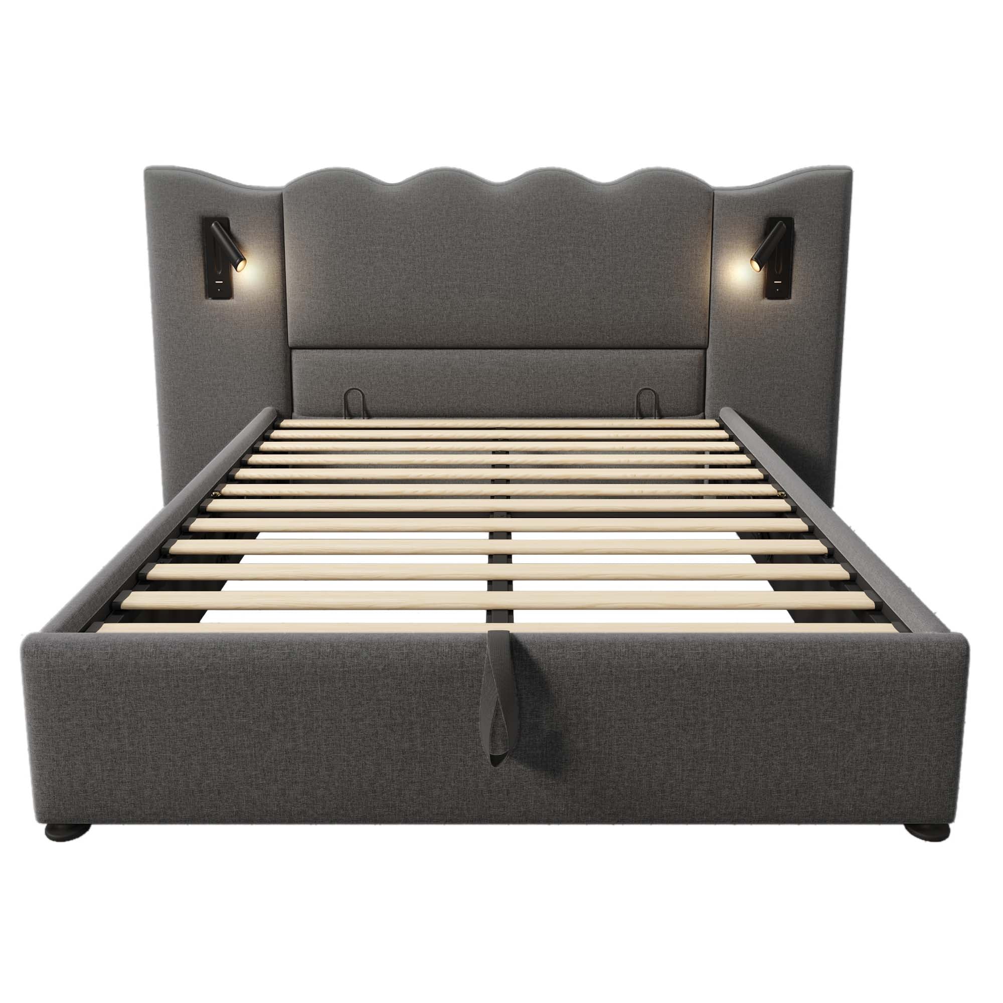 Upholstered Double Bed 160x200, Reading Lamp & USB-C, Storage, Solid Wood & Metal, Grey Linen