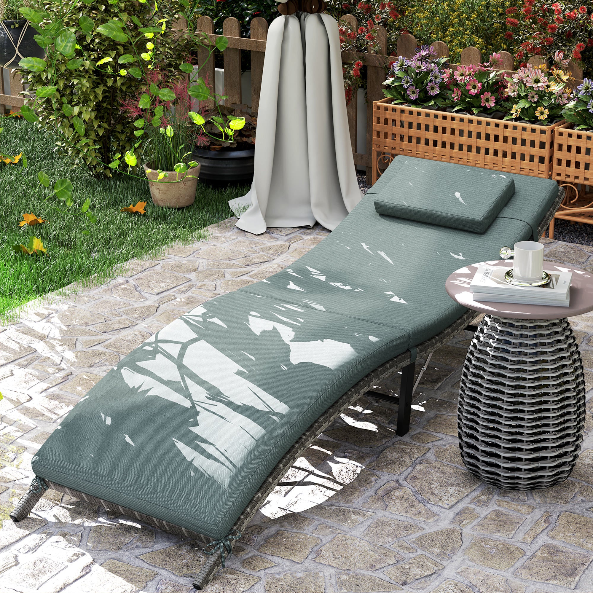 Rattan Sun Lounger Folding Outdoor Chair with Cushion, Mixed Grey