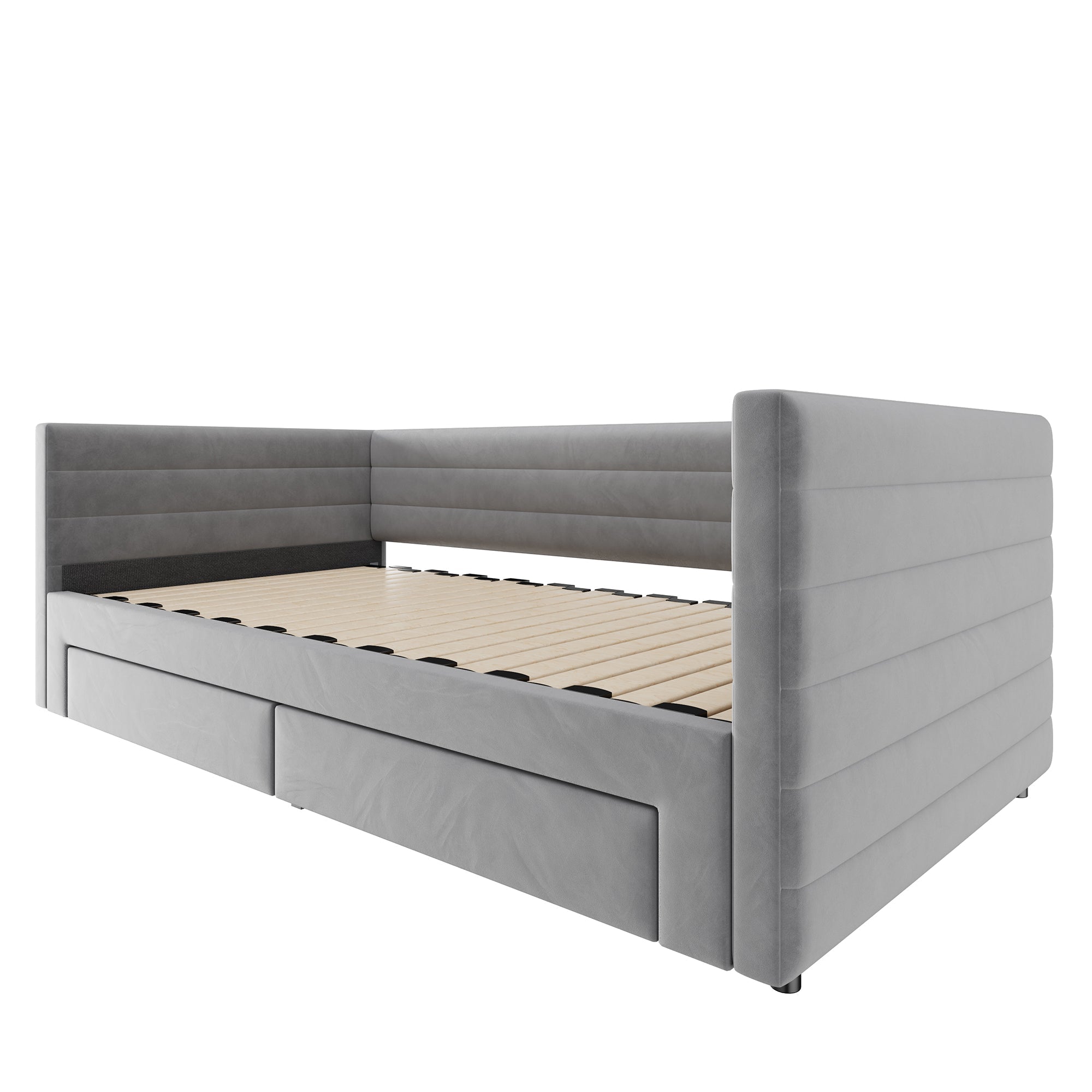 3-in-1 Upholstered Sofa Bed, Extendable with Drawers and Slatted Base, Grey Cotton and Linen