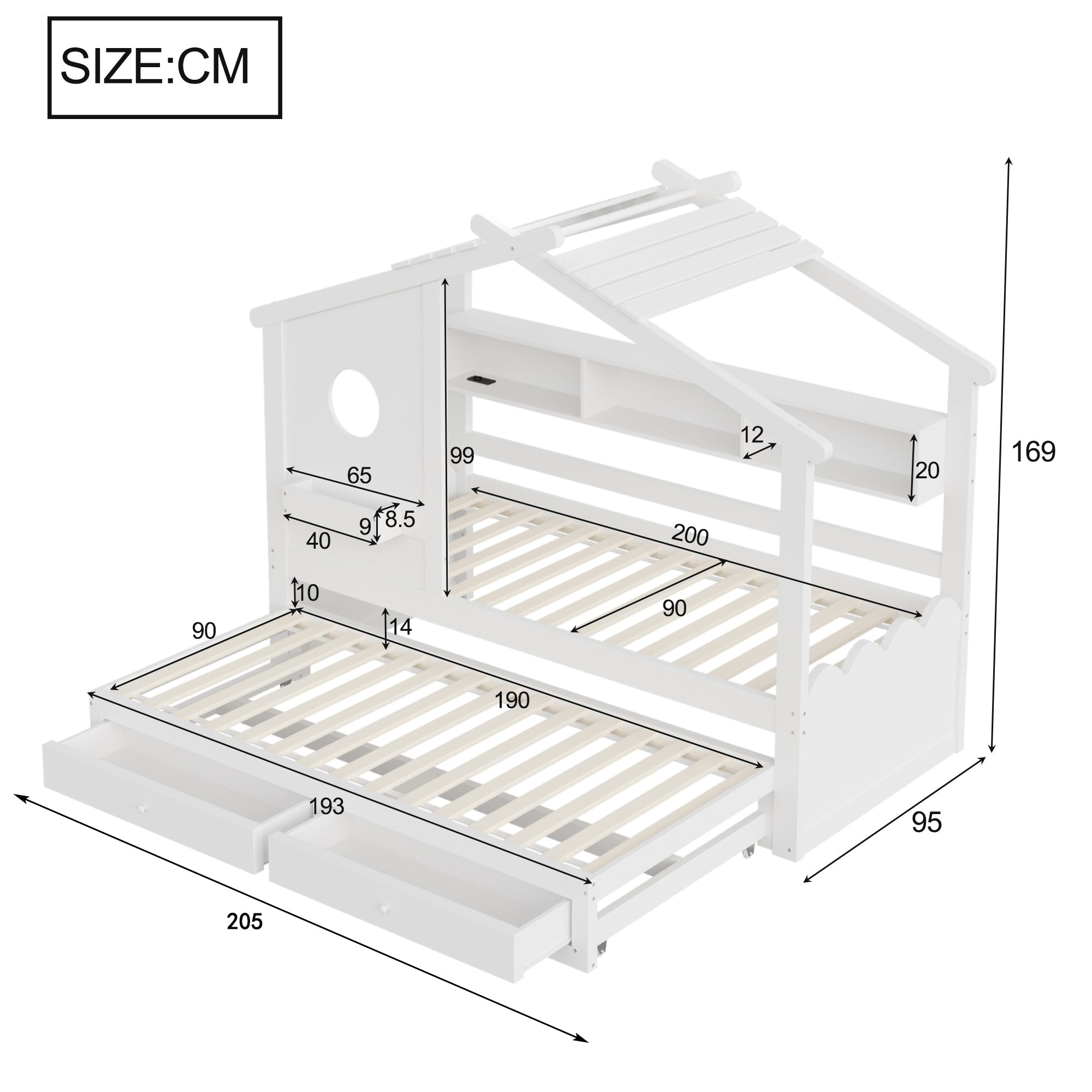 Multifunctional Children's Bed with House Design, Pull-out Bed, Drawers, Shelves, USB and LED, 90x200cm, White