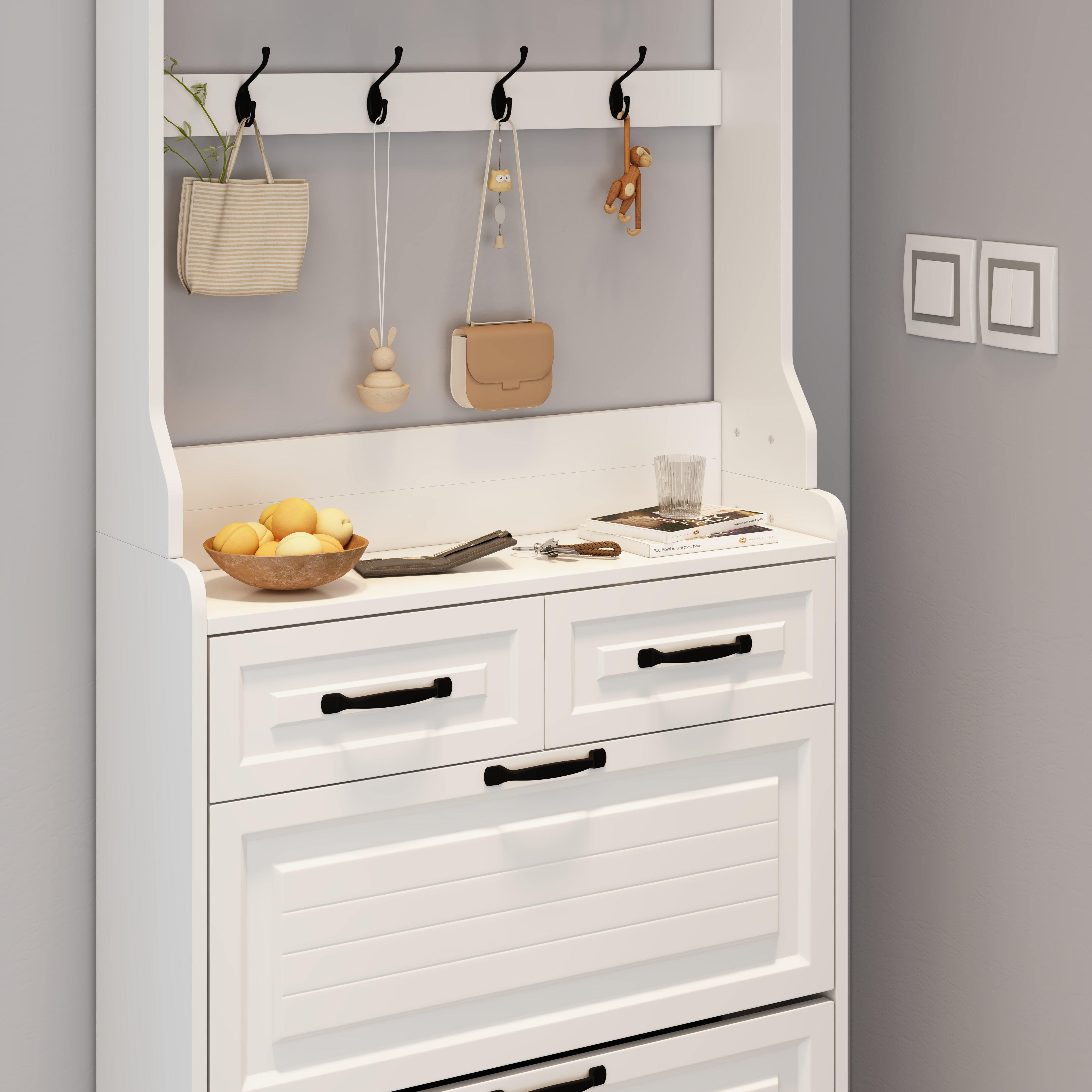 Shoe Cabinet with Hanger, 3 Doors & 2 Drawers - White