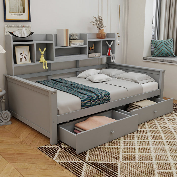 Single Sofa Bed 90x200 with Drawers, Shelves and Slatted Frame, Solid Wood Grey