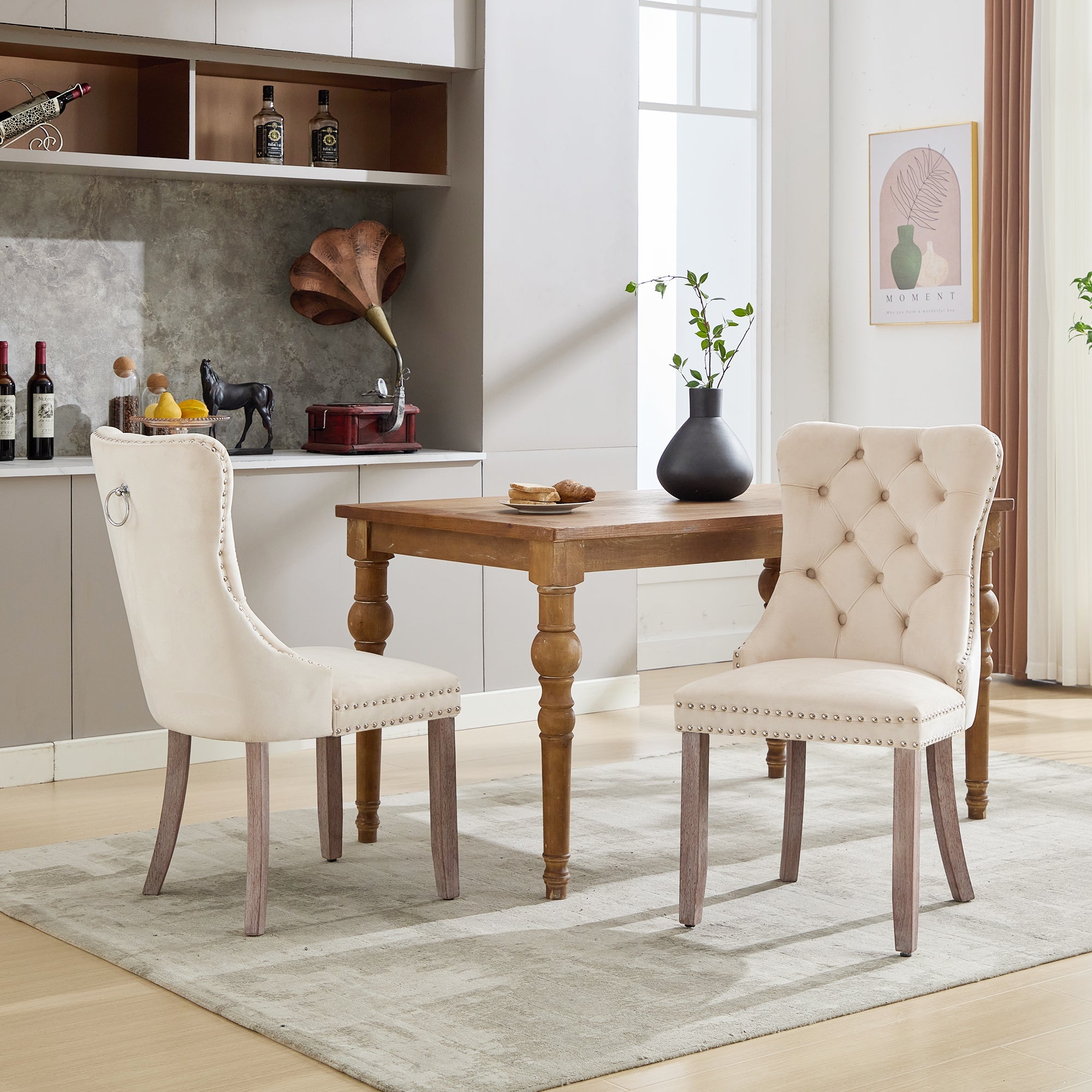 Modern Set of 2 Upholstered Velvet Dining Chairs, Button Tufted Kitchen Lounge Chairs with Brushed Wood Legs, Riveted Trim and Knocker Ring, for Dining Room Living Room, Beige (Old SKU: PP311356AAW)