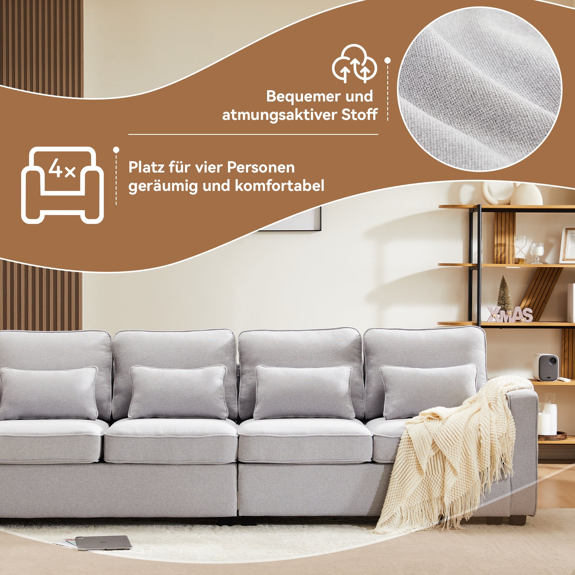 Sofa, 4-Seater with Armrest Pockets & 4 Pillows, Linen Fabric