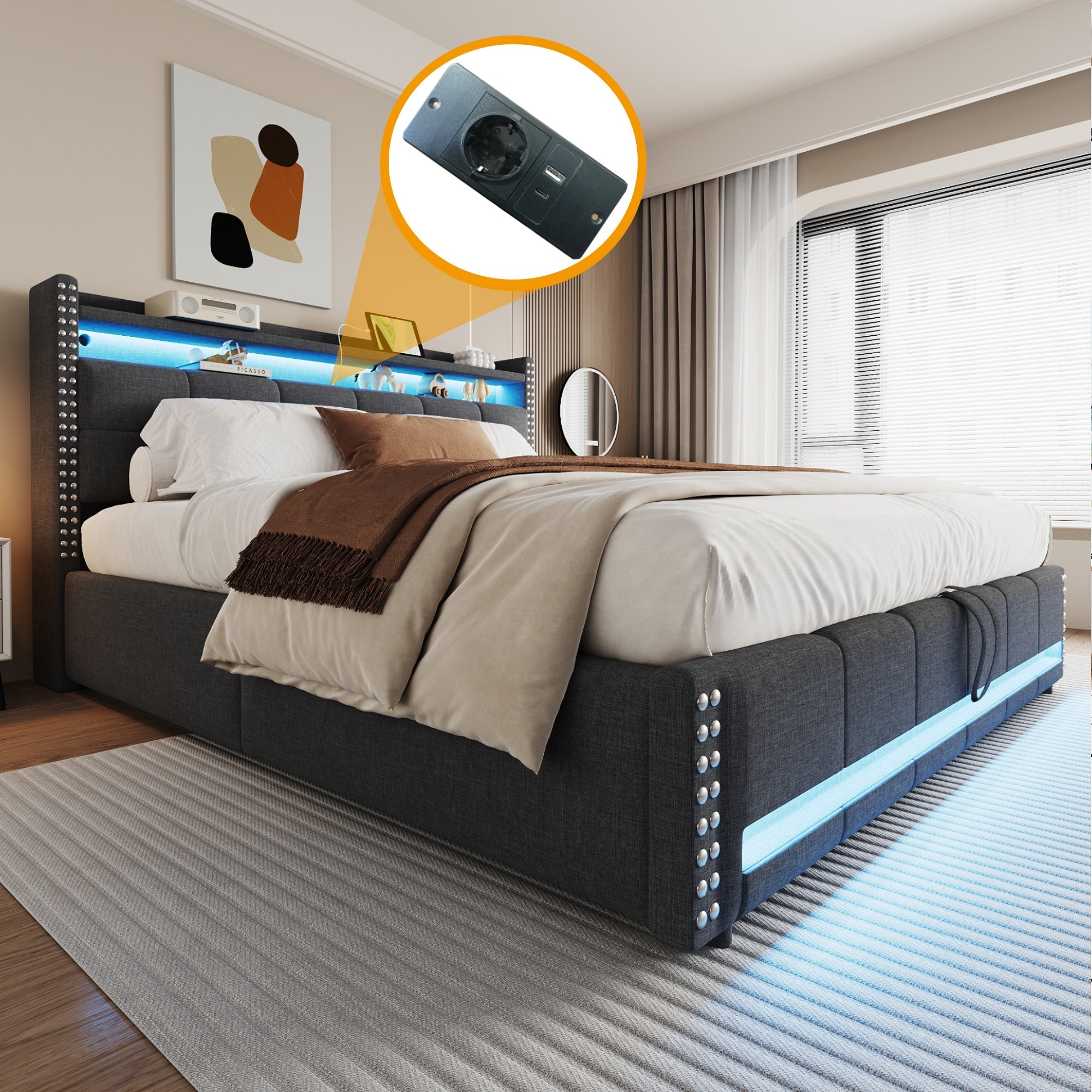 Upholstered Modular Bed with LED Headboard, USB Port and Hydraulic Storage, Gray Linen Fabric