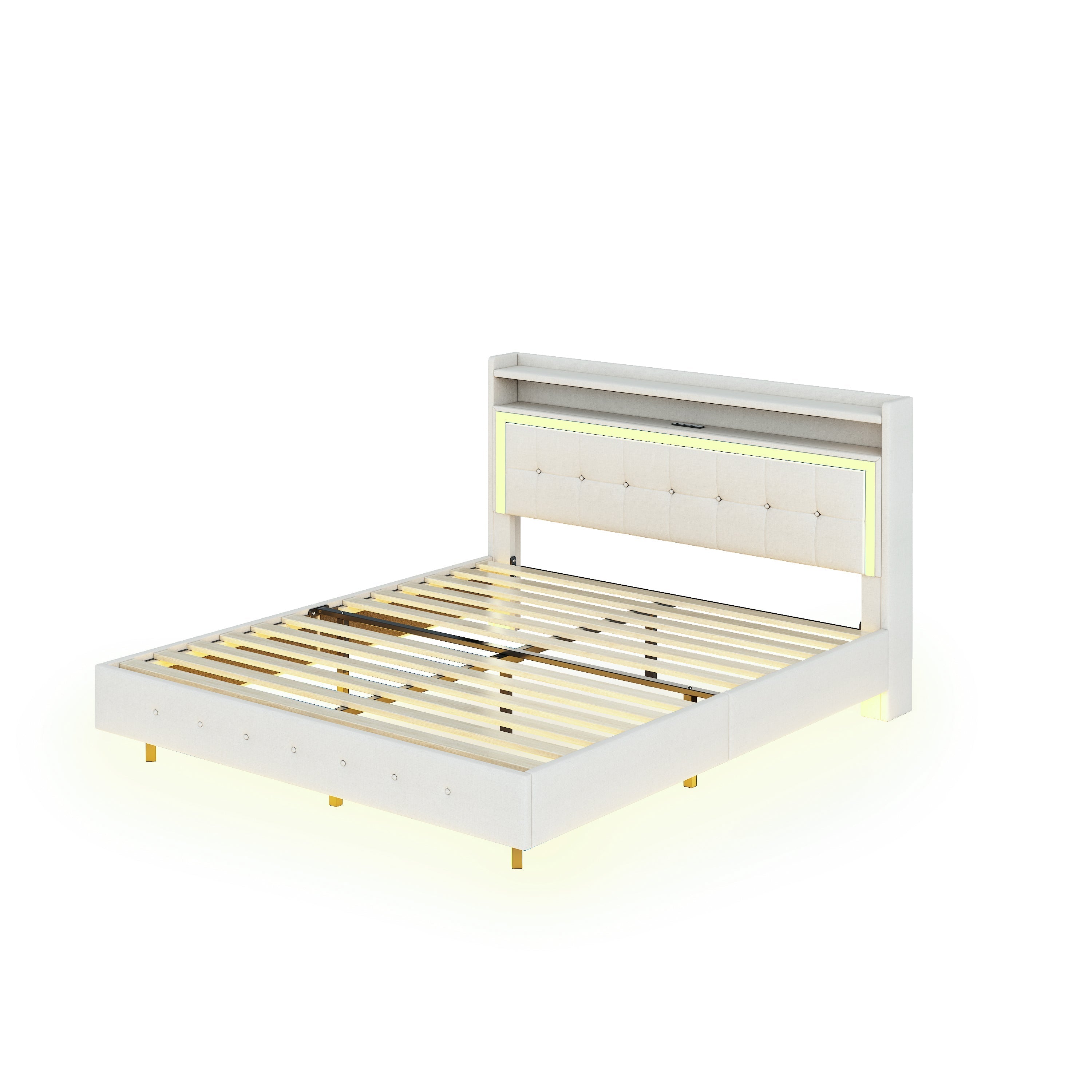 Upholstered Bed 160*200, USB & LED, Double Flat, Linen Fabric Beige