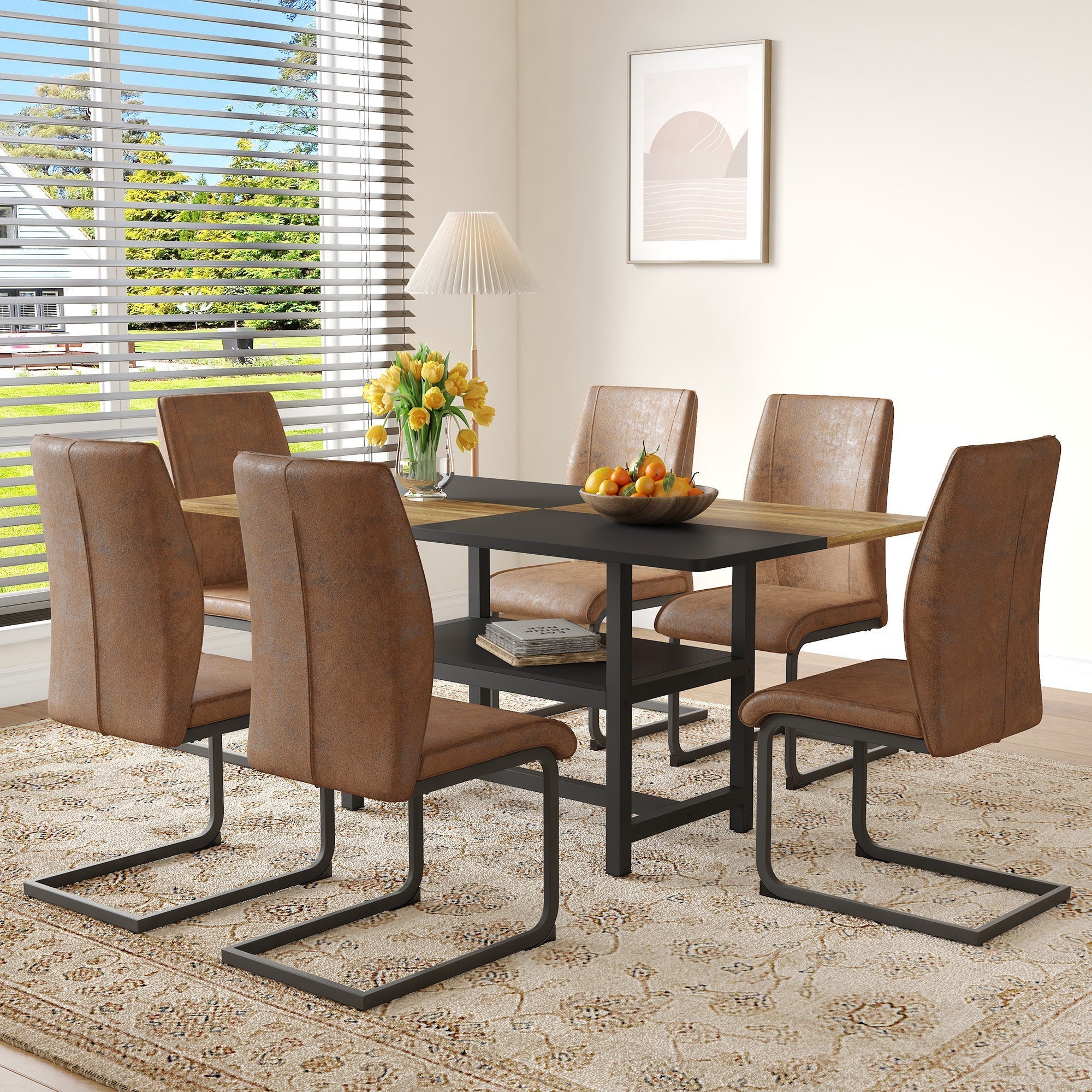 Table Set Rectangular Dining Table with Shelf & 6 Armchairs 160x90x76cm - Brown Tech Fabric