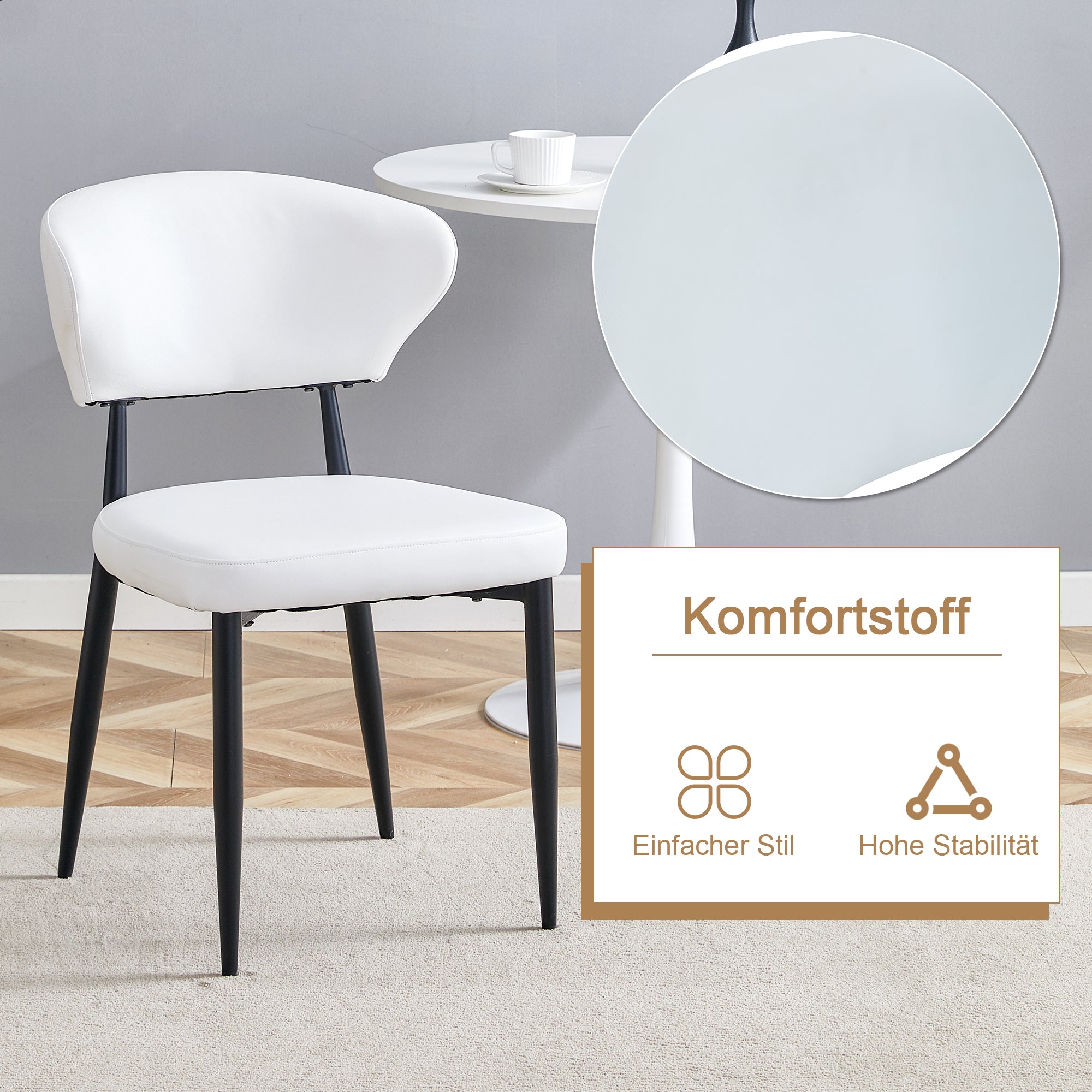 Round Table Set Modern Minimalist 100cm with 2 Armchairs - White PU/Wood Look