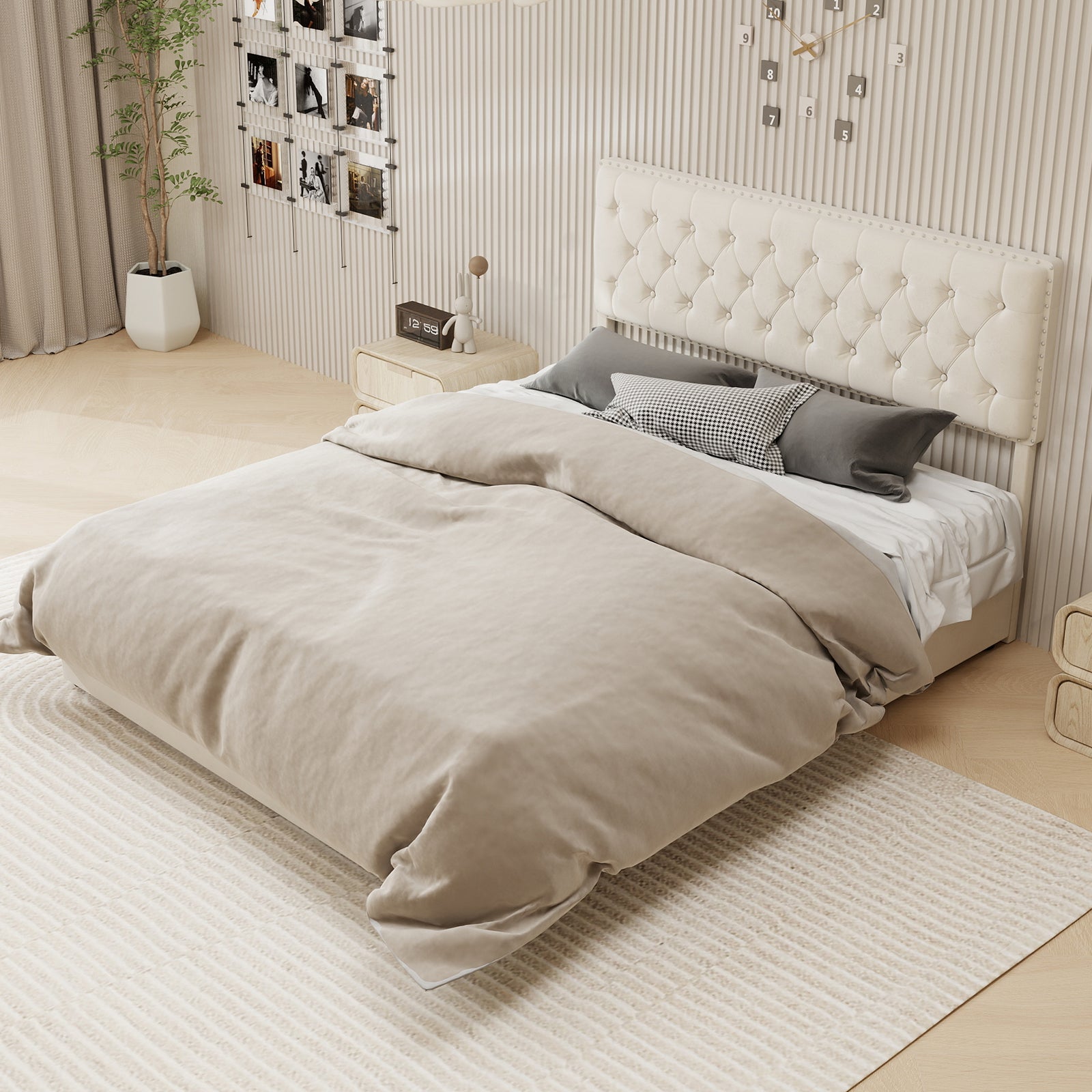 Modern Minimalist Soft Bed with Hydraulic Storage and 160x200cm Frame, Beige Dutch Velvet