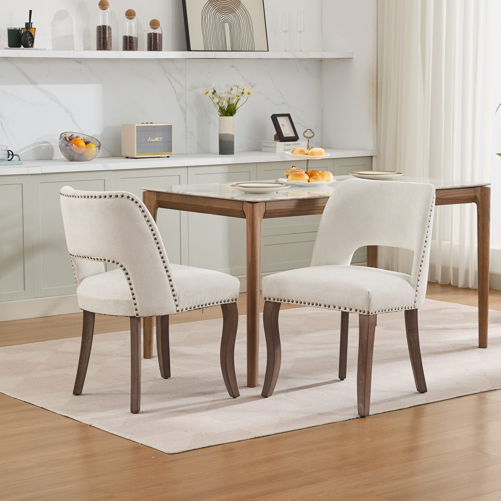 Wooden Dining Chairs Set of 2 Modern Fabric Upholstered Farmhouse - Beige