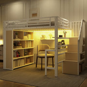 Loft Bed with Desk, Storage Staircase and LED Light Strip, 140x200cm, White Iron Frame