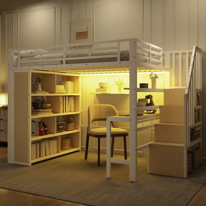 Loft Bed with Desk, Storage Staircase and LED Light Strip, 140x200cm, White Iron Frame