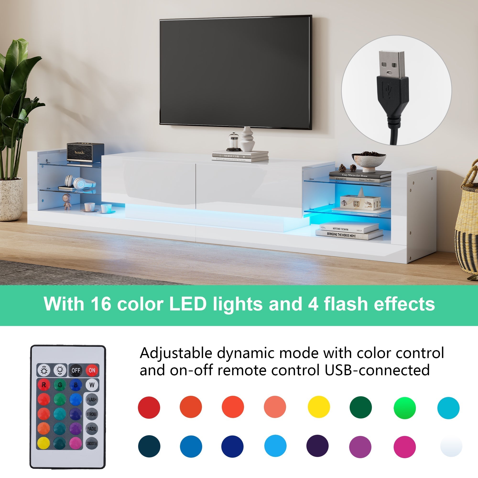 Open Glass Storage TV Stand, LED Lights High Gloss, White