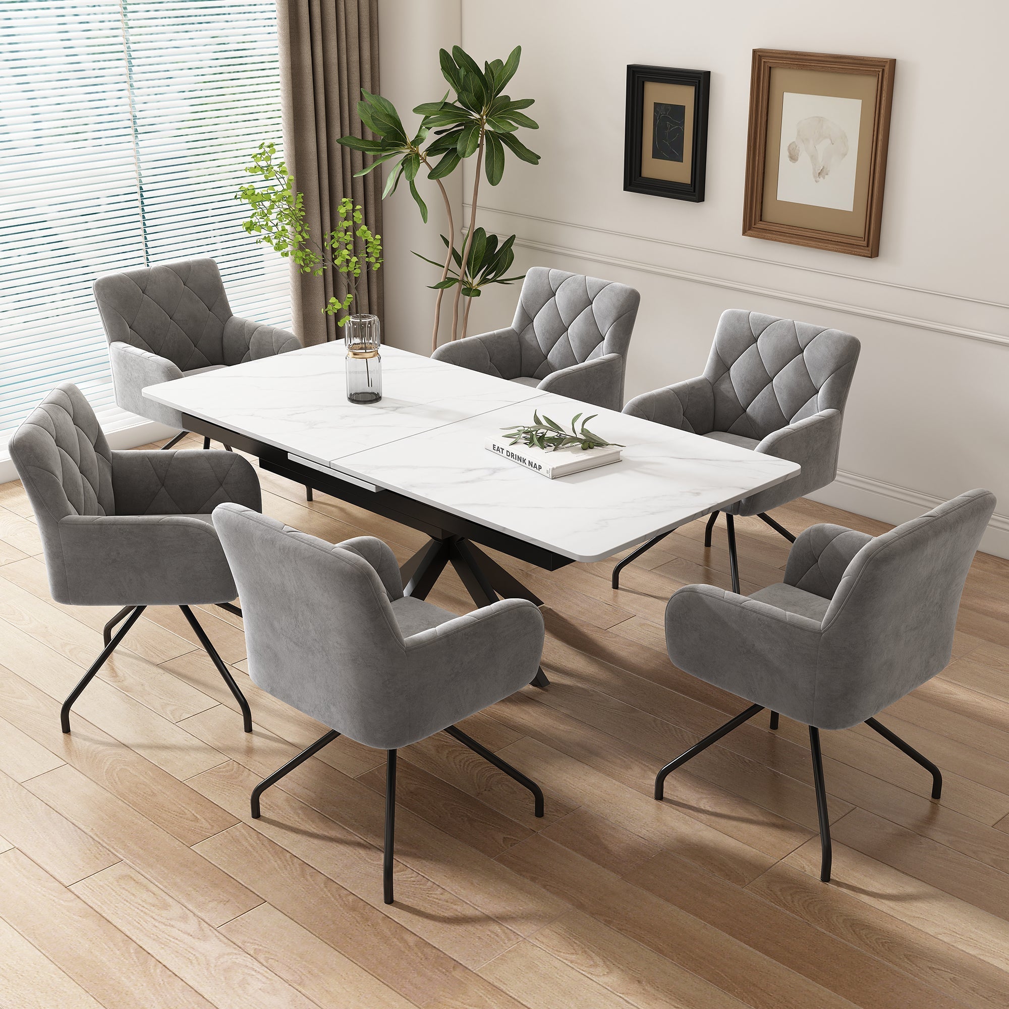 Set of 2 Dining Chairs with Diamond Pattern and Lumbar Support, Light Grey Velvet