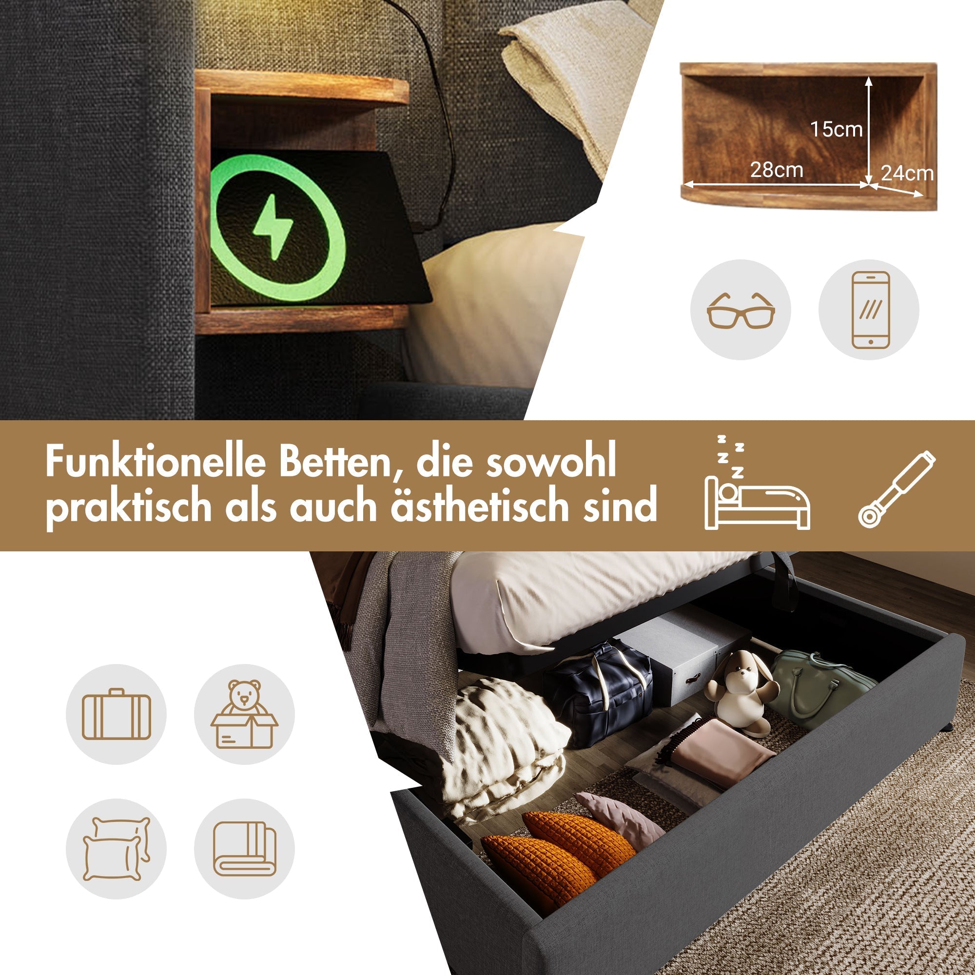 Upholstered Double Bed 180x200 with Bedside Table, Reading Lamp, USB-C Charging, Storage Frame, Solid Wood & Metal, Gray Linen