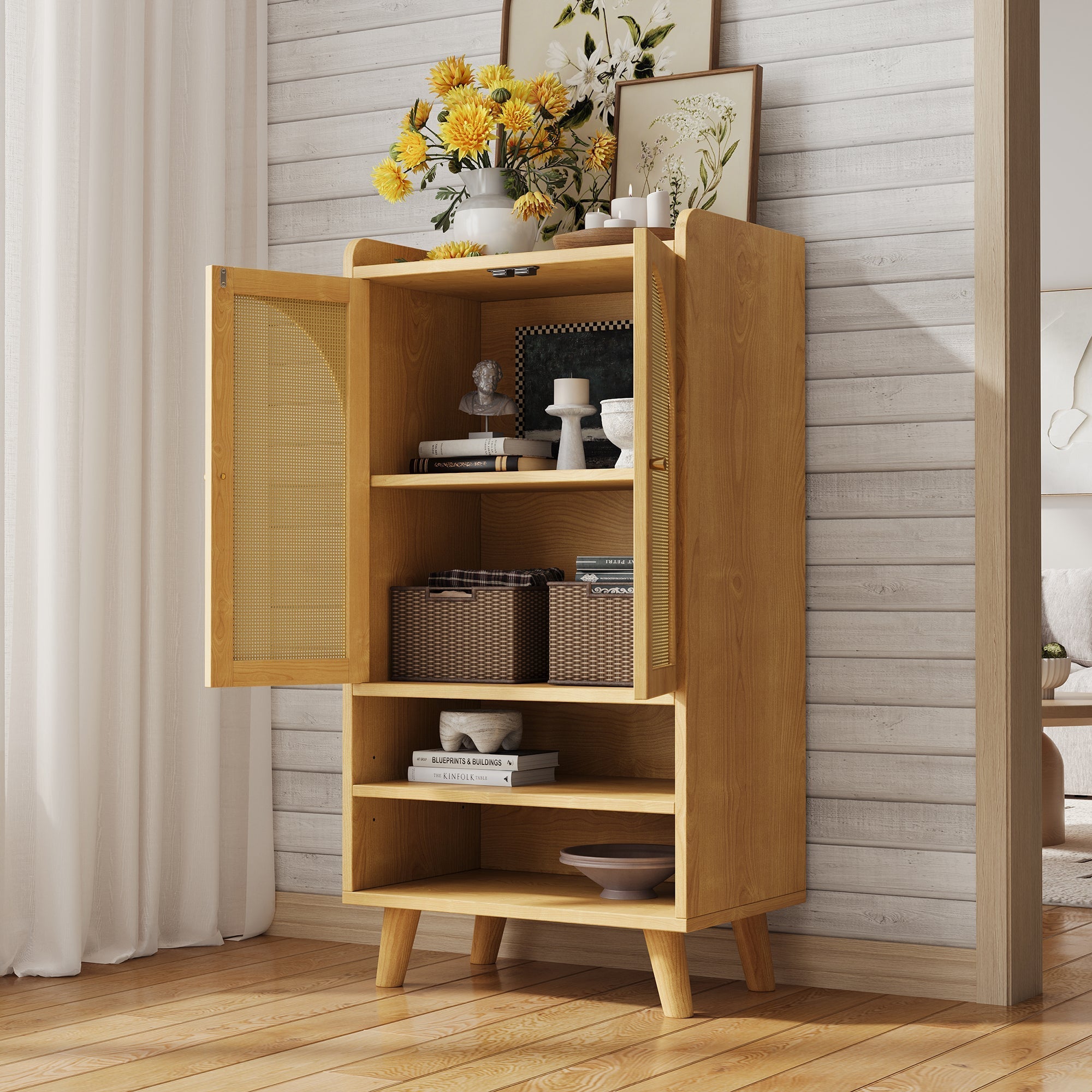 Rattan Sideboard Highboard with 2 Doors and Open Storage Rattan