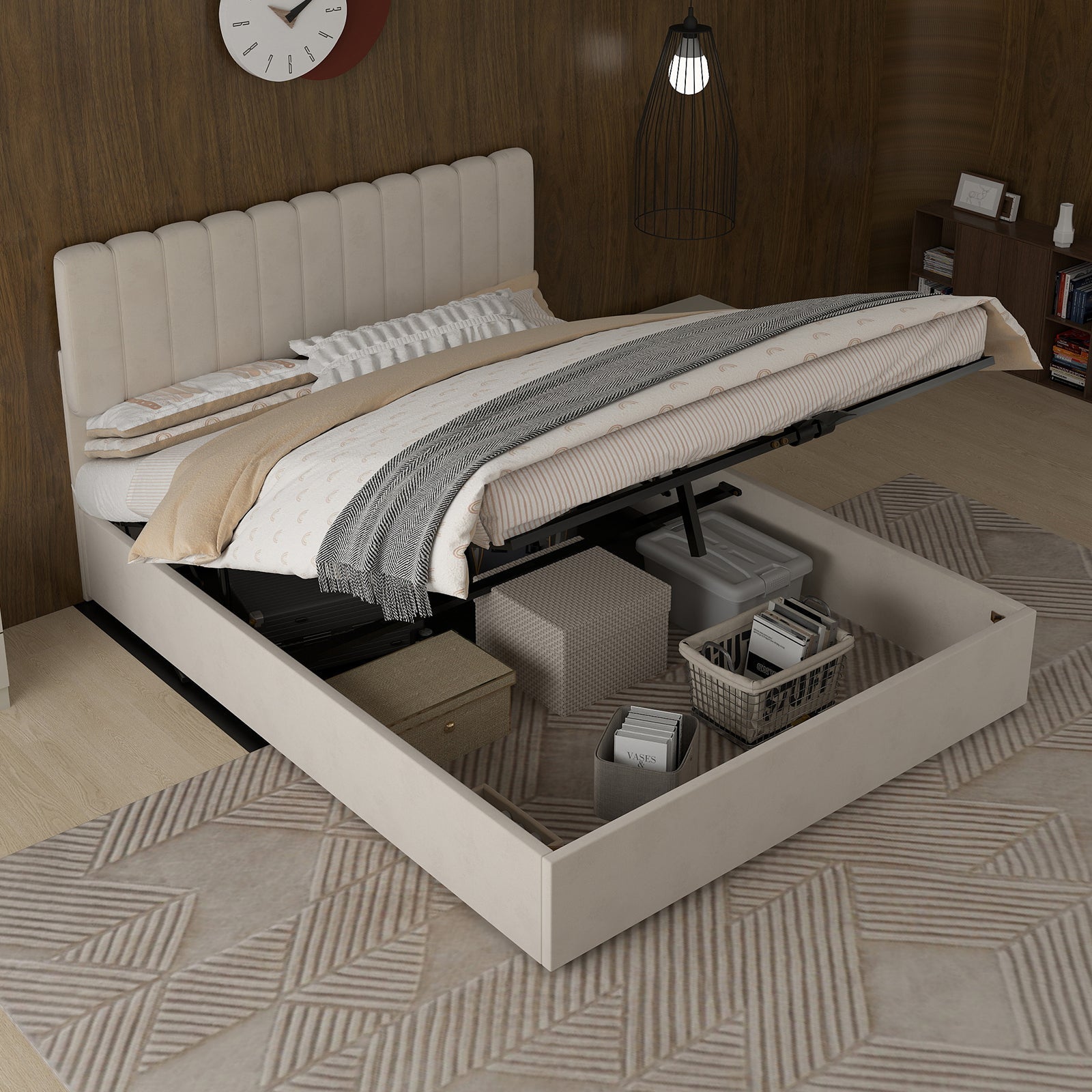 Upholstered Bed 140x200cm Gas Lift Storage Soft Headboard - Beige