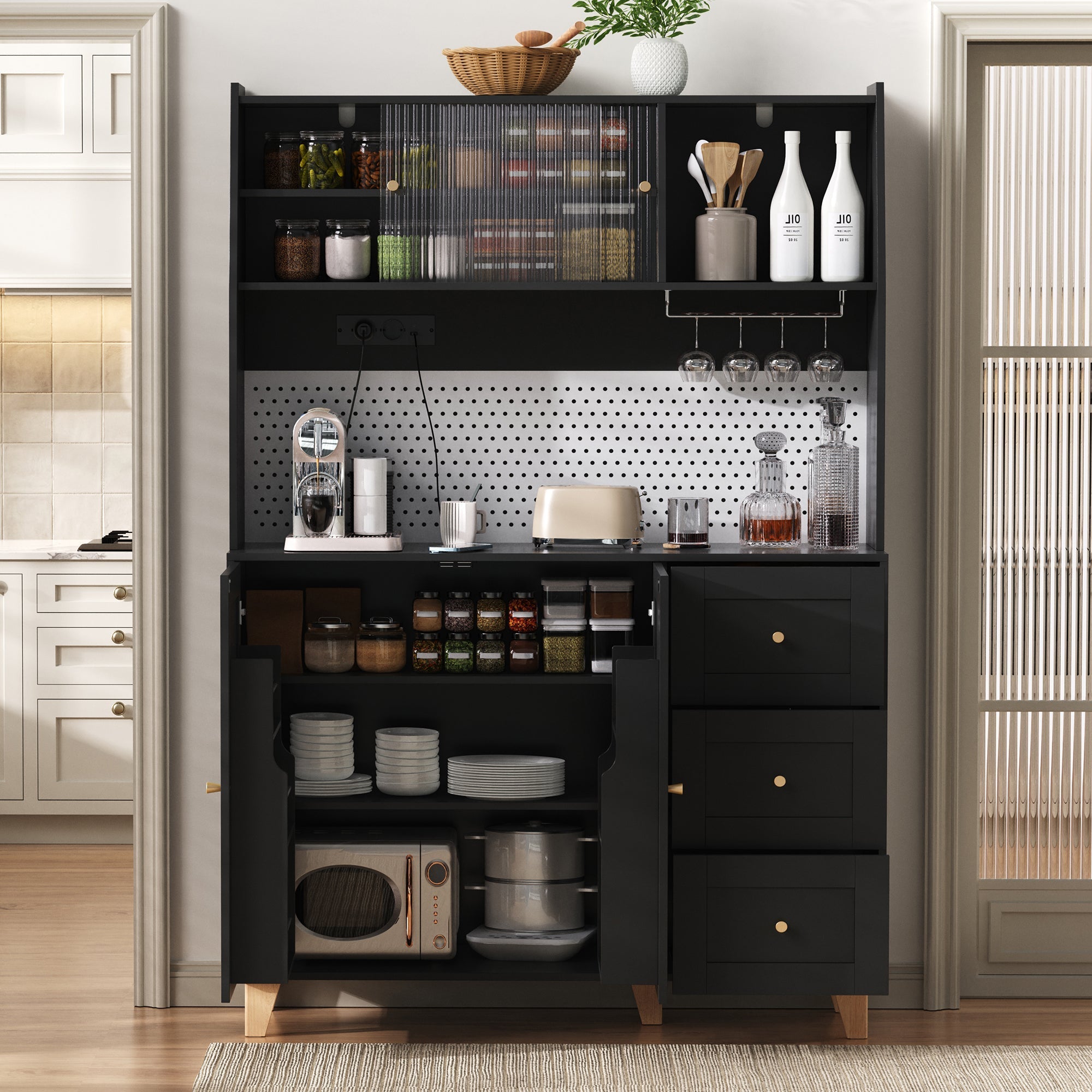 Tall Cabinet Pegboard Wine Storage Drawers & Sockets - Black
