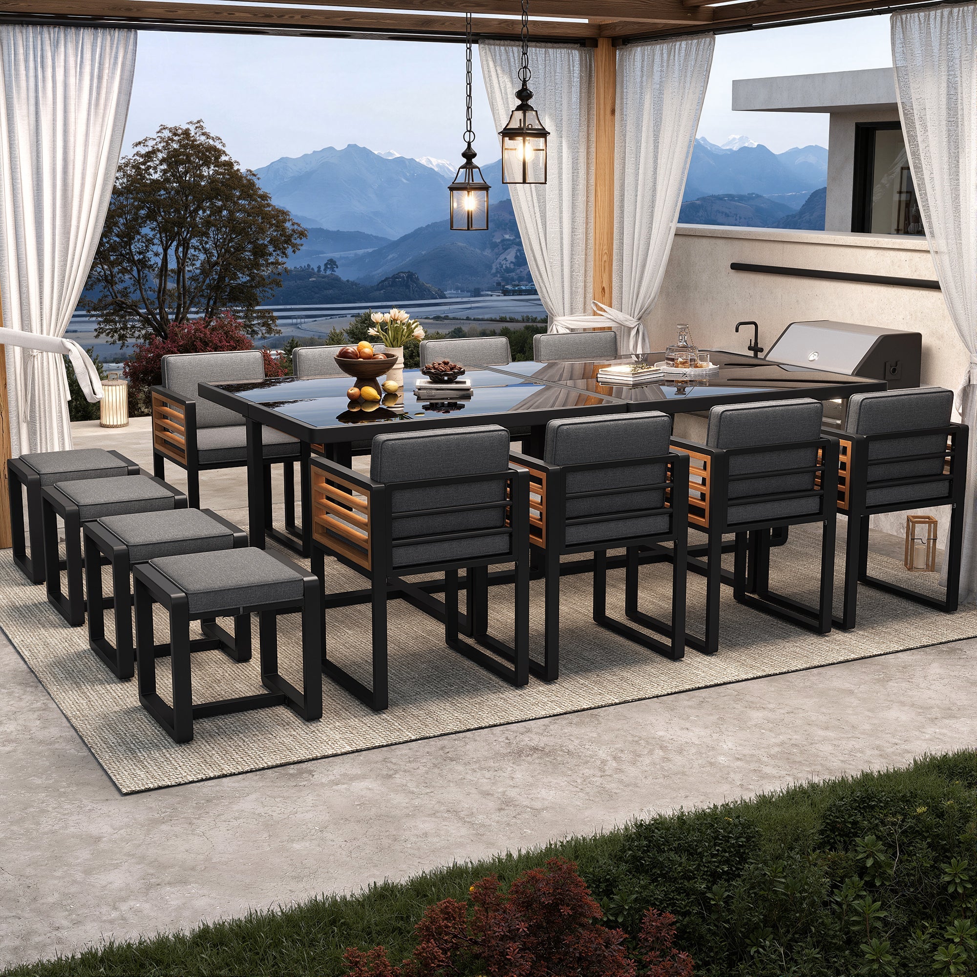 Garden Furniture Set with 12 Chairs and Table for 12 People, Glass Tabletop