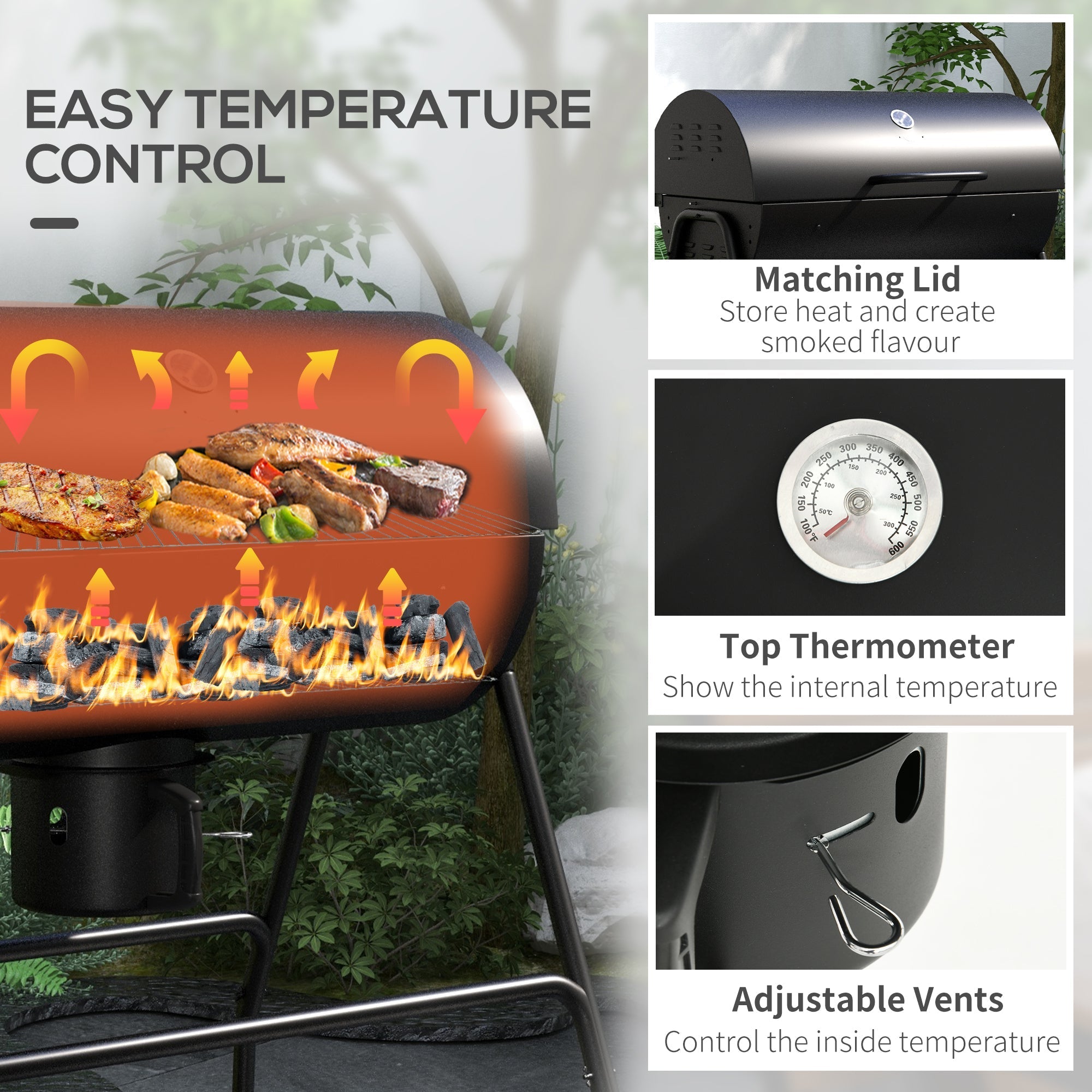 Stahl-Holzkohlegrill mit Ascheauffangbehälter und Warmhalterost