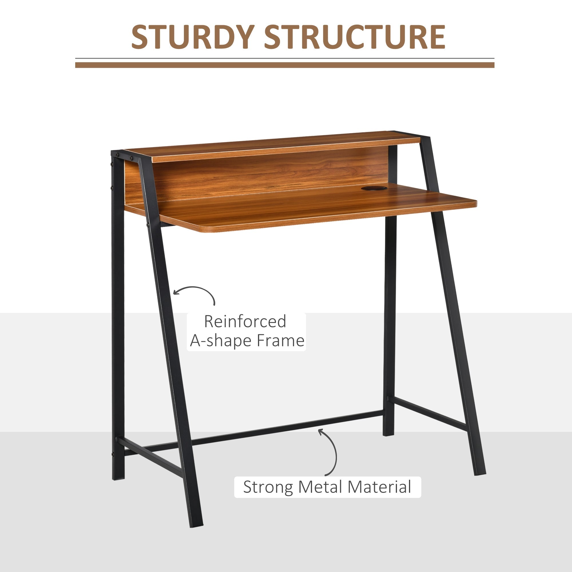 Desk Computer Table, Storage & Cable Management, Metal Walnut