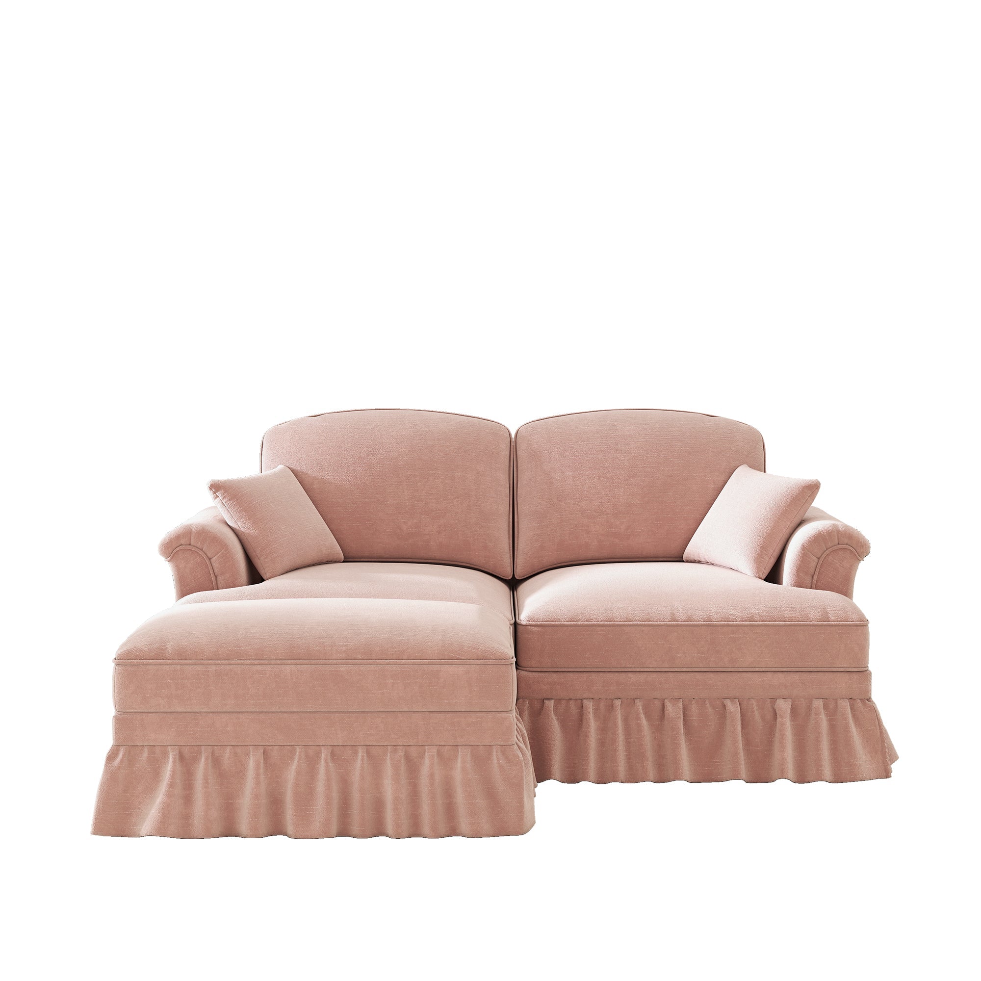 Modular L-Shaped Sofa Mid-Century 2-Seater Movable Ottoman - Pink Chenille