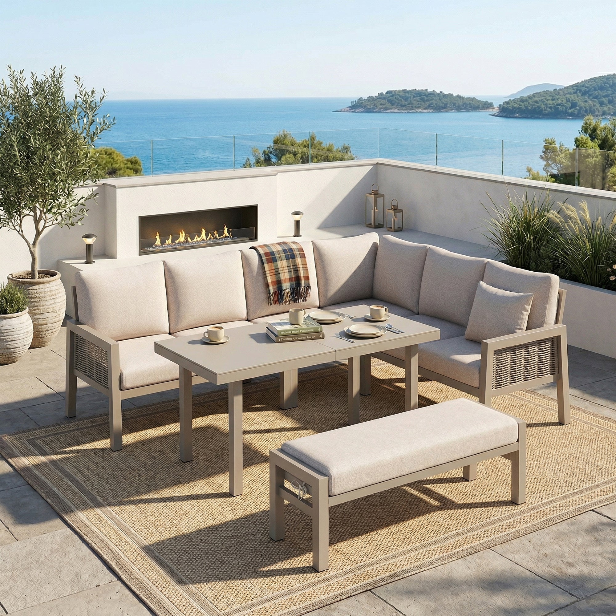 Garden Dining Set with Corner Sofa, Benches, and Glass Tabletop, 8-Person PE Rope and Galvanized Iron, Khaki