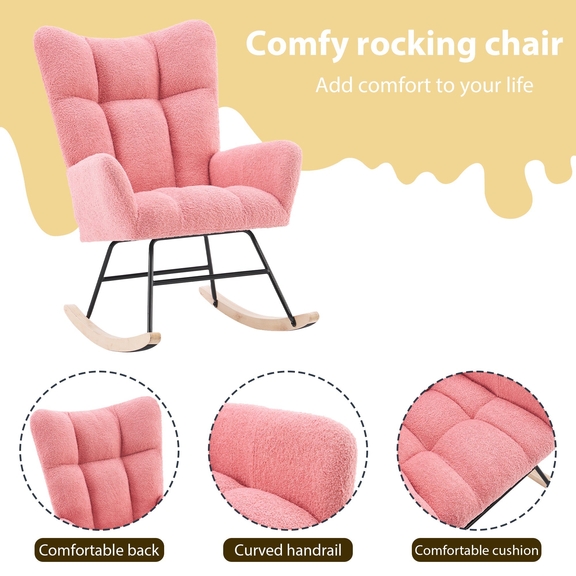 Rocking Chair Modern High Back Armrests - Pink