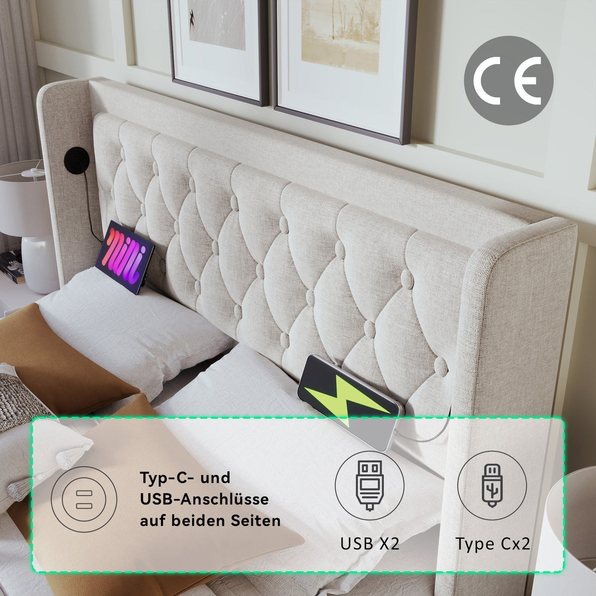 Upholstered Double Bed 180x200cm Hydraulic Storage LED Headboard USB-C, Beige Cotton