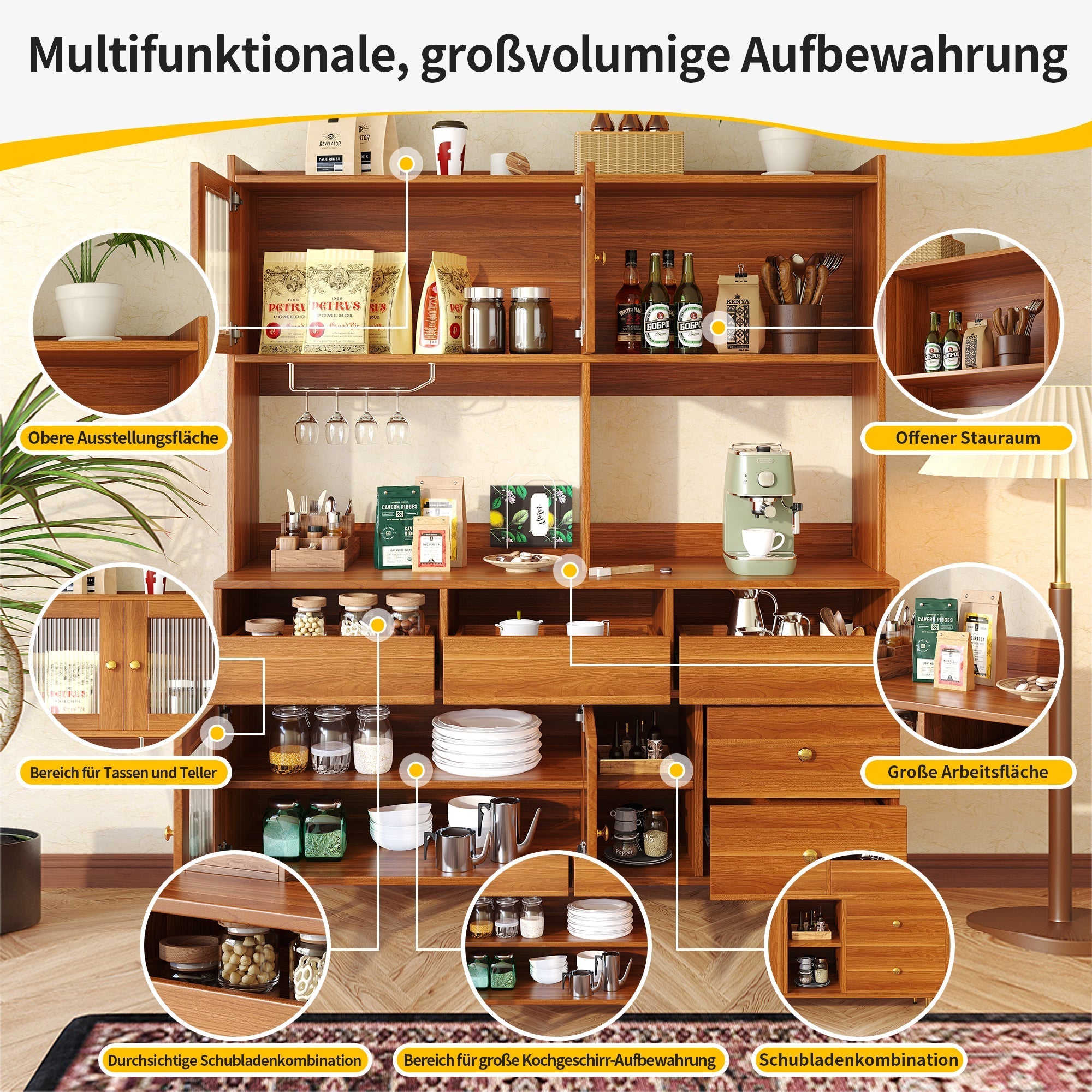 Restaurant Tall Cabinet, Changhong Glass Door Wine Rack Storage, Wooden/Gold